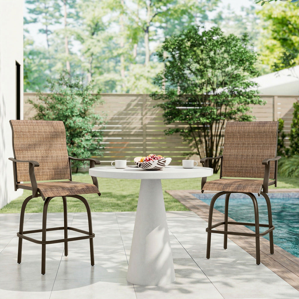 Outdoor Bar Stools Set of 2, Swivel Bar Height Chairs with High Back, Curved Armrests and Steel Frame for Balcony, Brown