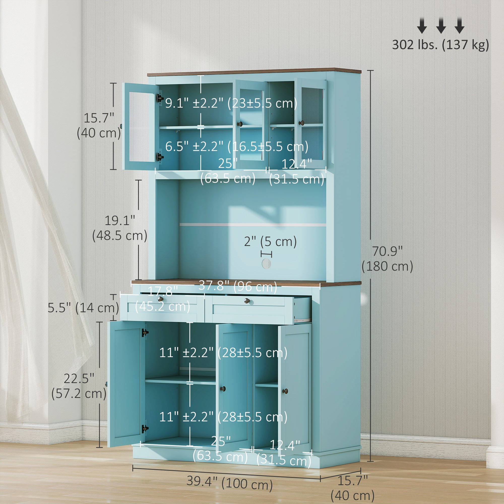 71" Pantry Cabinet with Microwave Space, Buffet with Hutch, 2 Drawers, Adjustable Shelves and Glass Doors, Blue