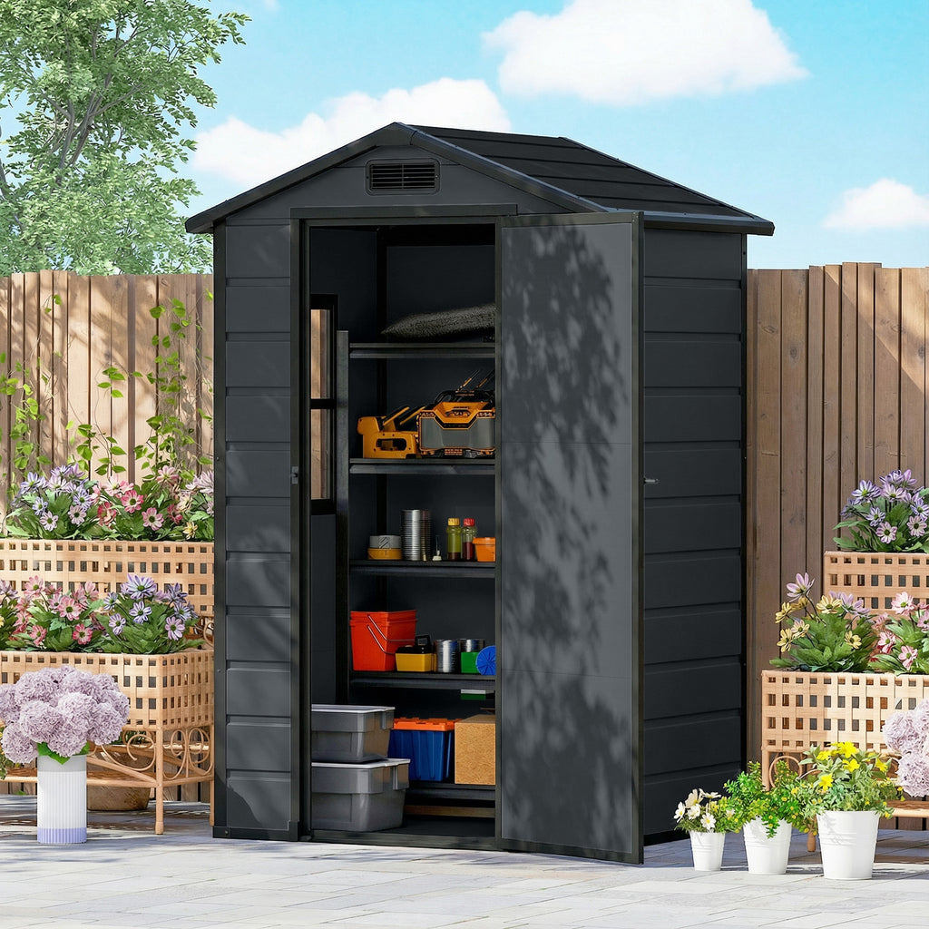 4' x 3' Plastic Garden Shed with Floor, Outdoor Small Shed with Lockable Door, Window and Vent, Dark Grey