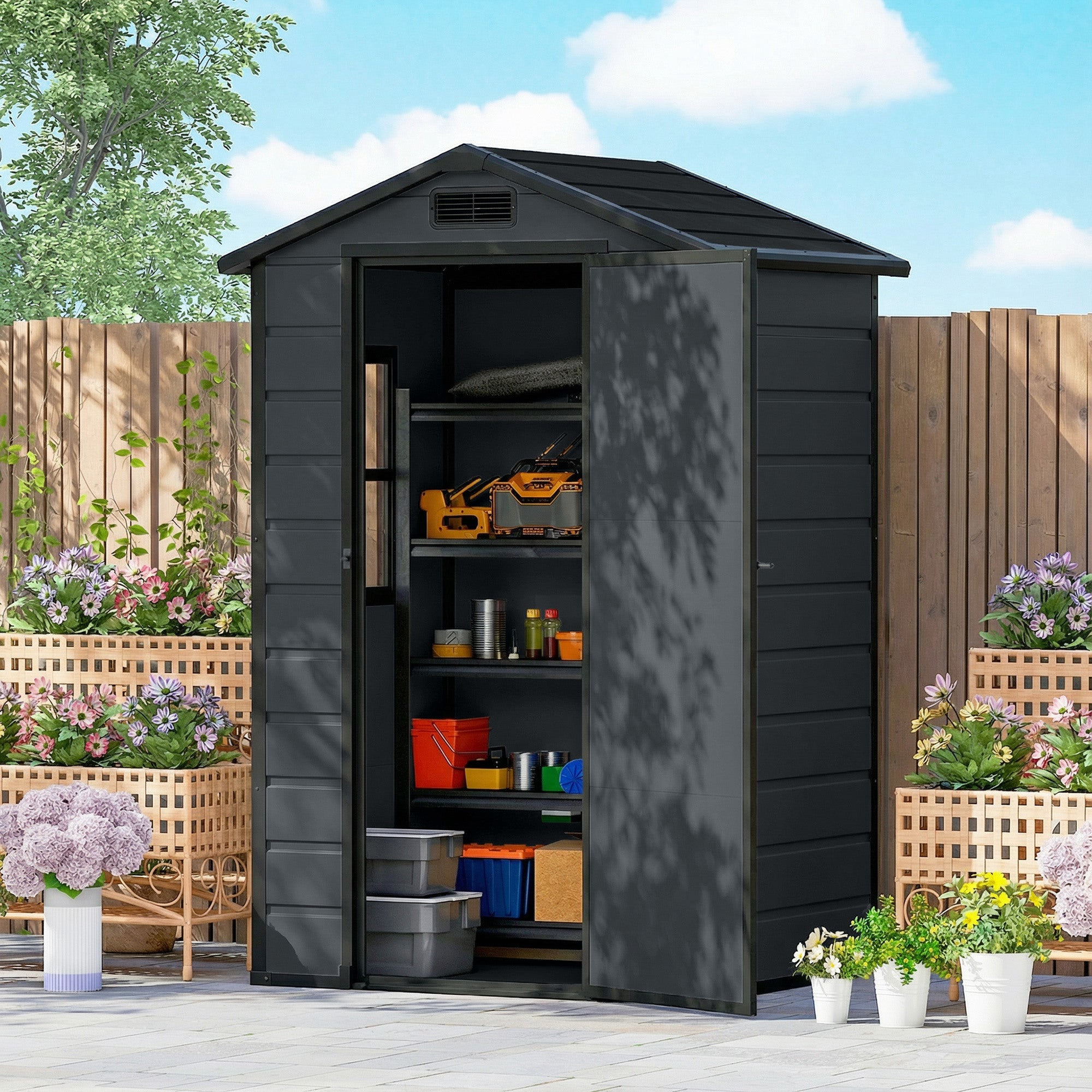 4' x 3' Plastic Garden Shed with Floor, Outdoor Small Shed with Lockable Door, Window and Vent, Dark Grey