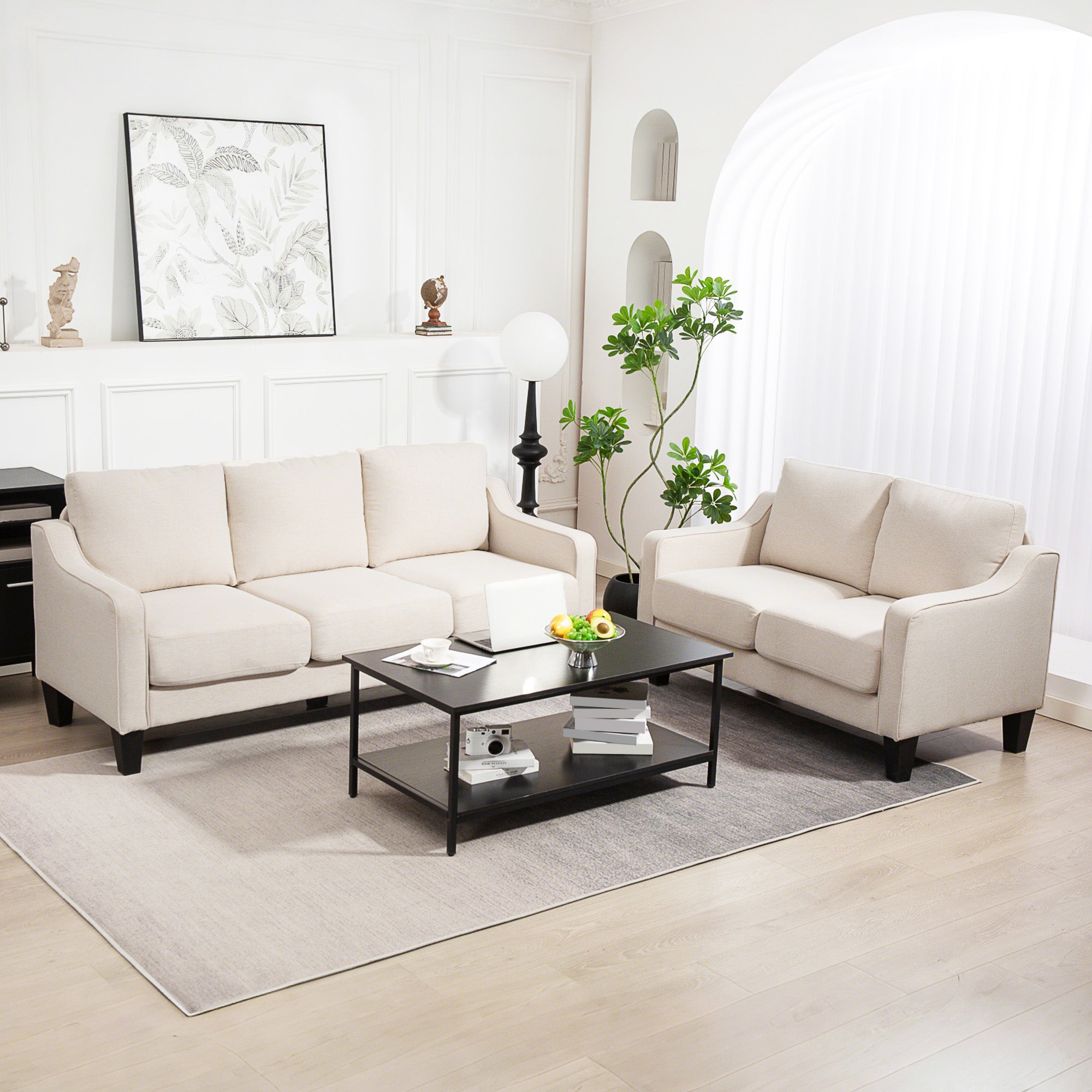 3 Seater Sofa, Modern Couch with Pocket Spring, Linen Upholstered, Thick Padded, Beige