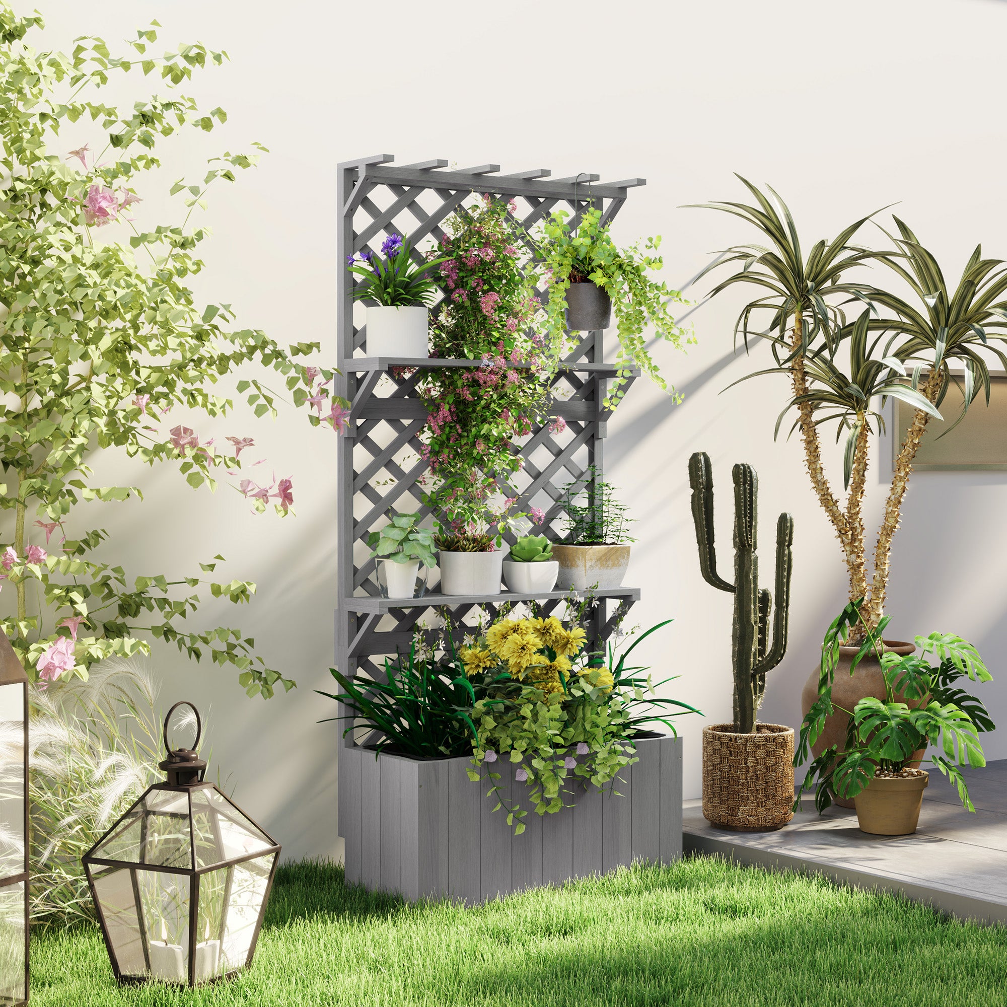Raised Garden Bed, Wooden Planter with Trellis, Hanging Roof, Plant Shelf, Drainage Holes and Bed Liner, Grey