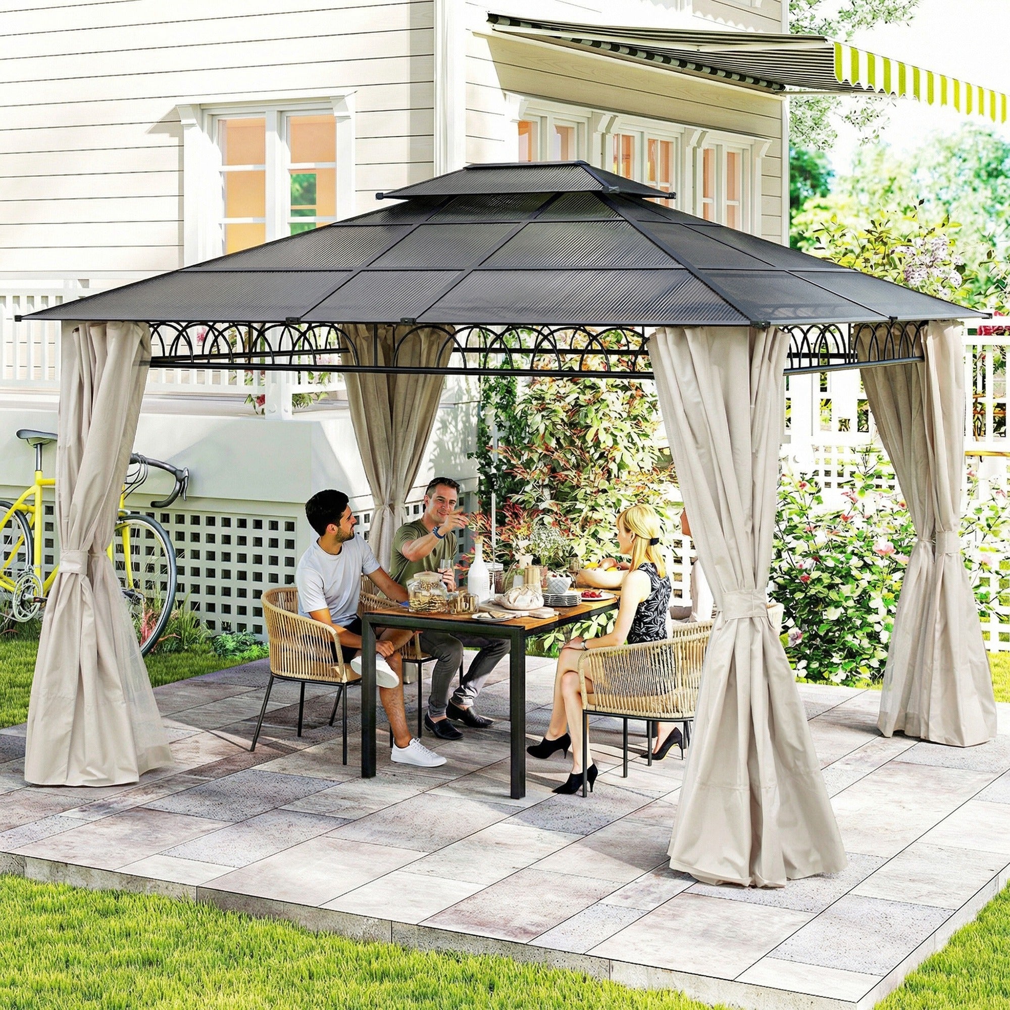 10' x 12' Outdoor Gazebo Canopy, DoubleÂ Roof Hardtop Gazebo withÂ Polycarbonate Roof, Steel Frame, NettingsÂ andÂ Curtains