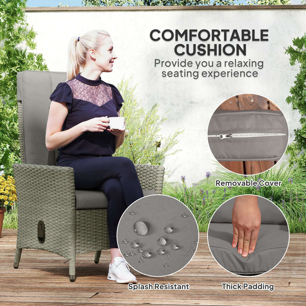 Wicker Outdoor Recliner Chair, Wicker Reclining Patio Chair with Adjustable Backrest and Cushion, Grey