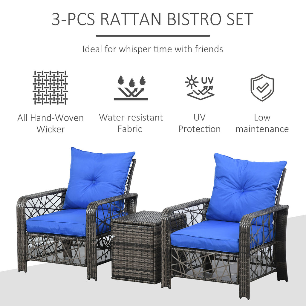 3 Pieces Wicker Patio Furniture Set, Rattan Bistro Set with Storage Coffee Table and Thickened Cushions, Outdoor Conversation Set for Garden, Porch, Balcony, Blue