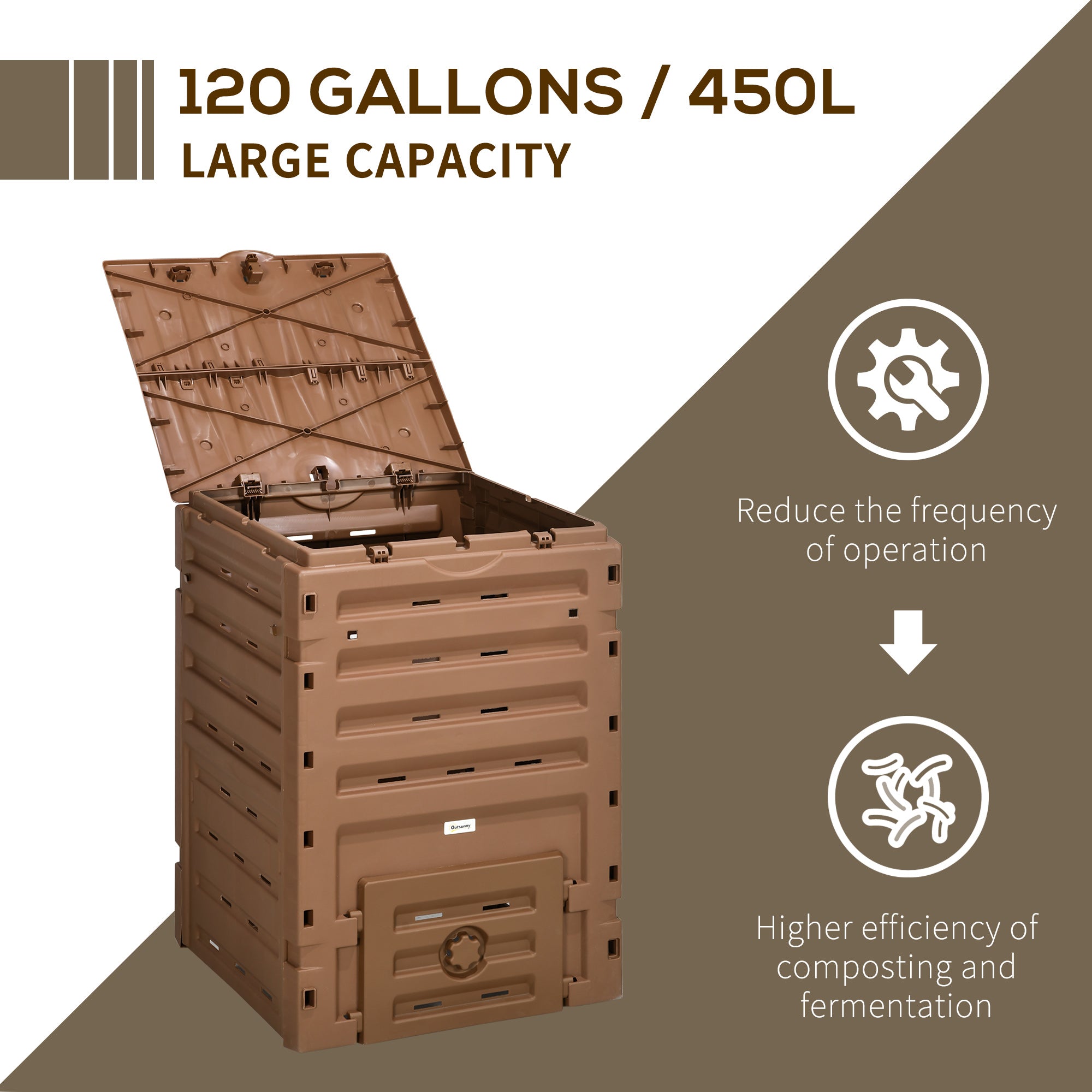 Compost Bin, Garden Composter with 80 Vents and 2 Doors, 120 Gallon (450L), Brown