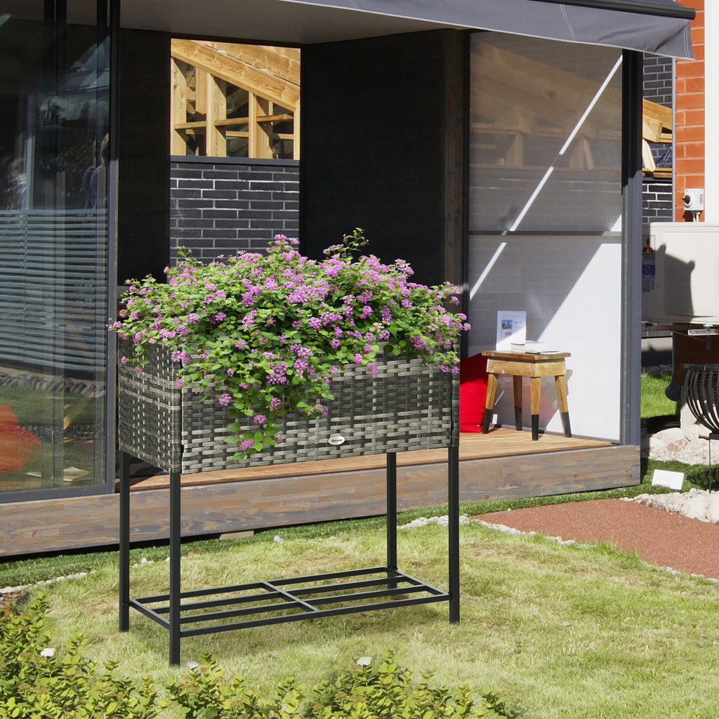 Rattan Raised Garden Boxes, Elevated Flower Beds with Storage Shelf for Herbs, Flowers, Vegetables, Mixed Grey