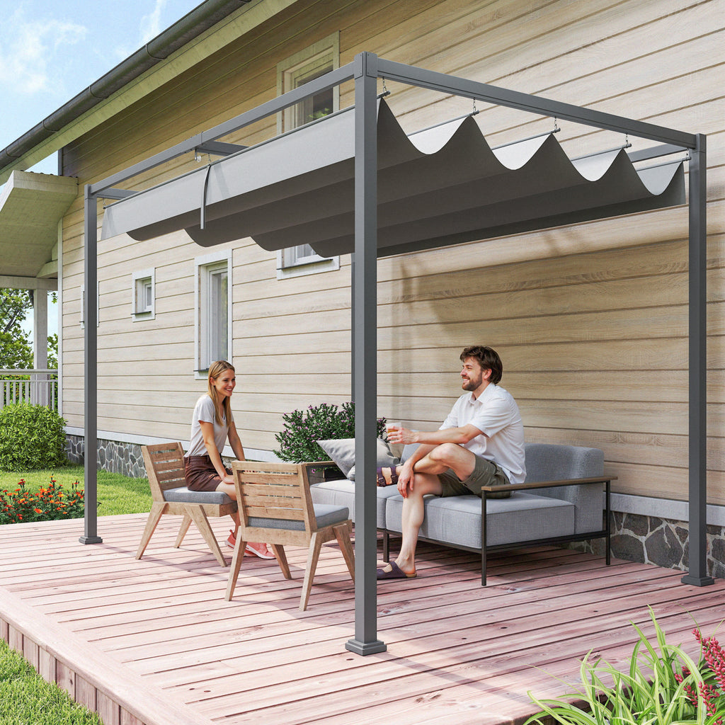 10x7ft Pergola with Retractable Roof Outdoor Patio Sun Shelter Garden Grape Tent Water-resistant Yard Shade Grey
