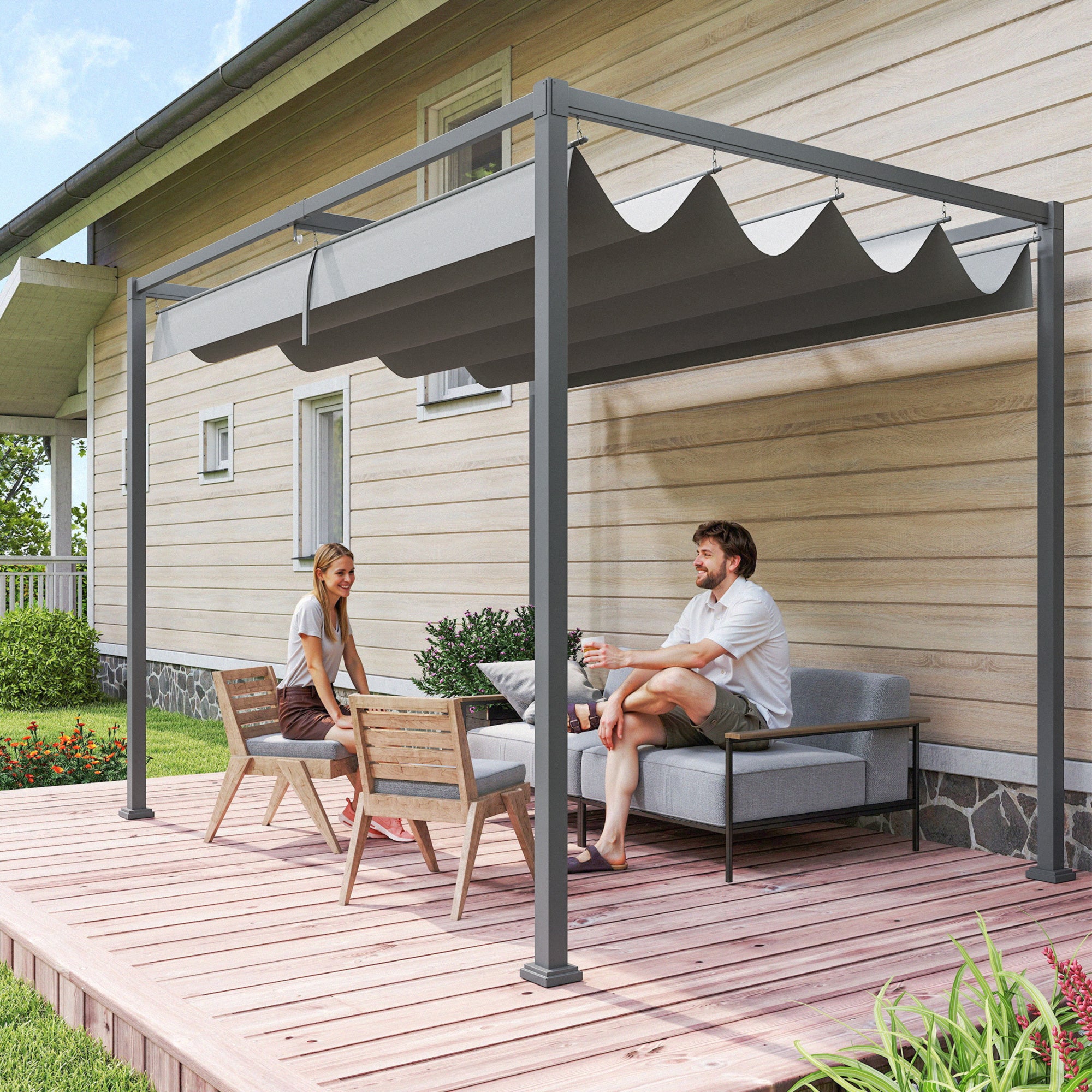 10x7ft Pergola with Retractable Roof Outdoor Patio Sun Shelter Garden Grape Tent Water-resistant Yard Shade Grey