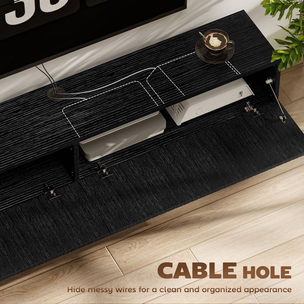 55" Floating TV Stand for TVs up to 72 Inch, Wall Mount Media Console with 2 Fluted Flip-Down Doors, Cable Hole, Black