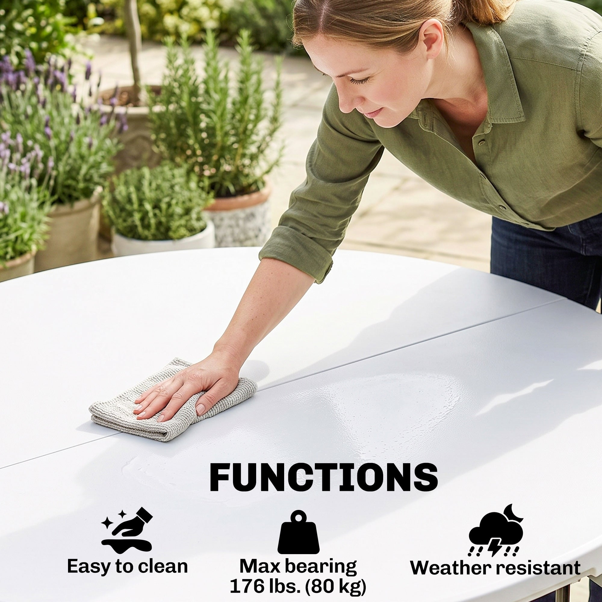 Î¦48" Folding Patio Table, Outdoor HDPE Picnic Table, Card Table for 6, Round Folding Banquet with Metal Frame, White