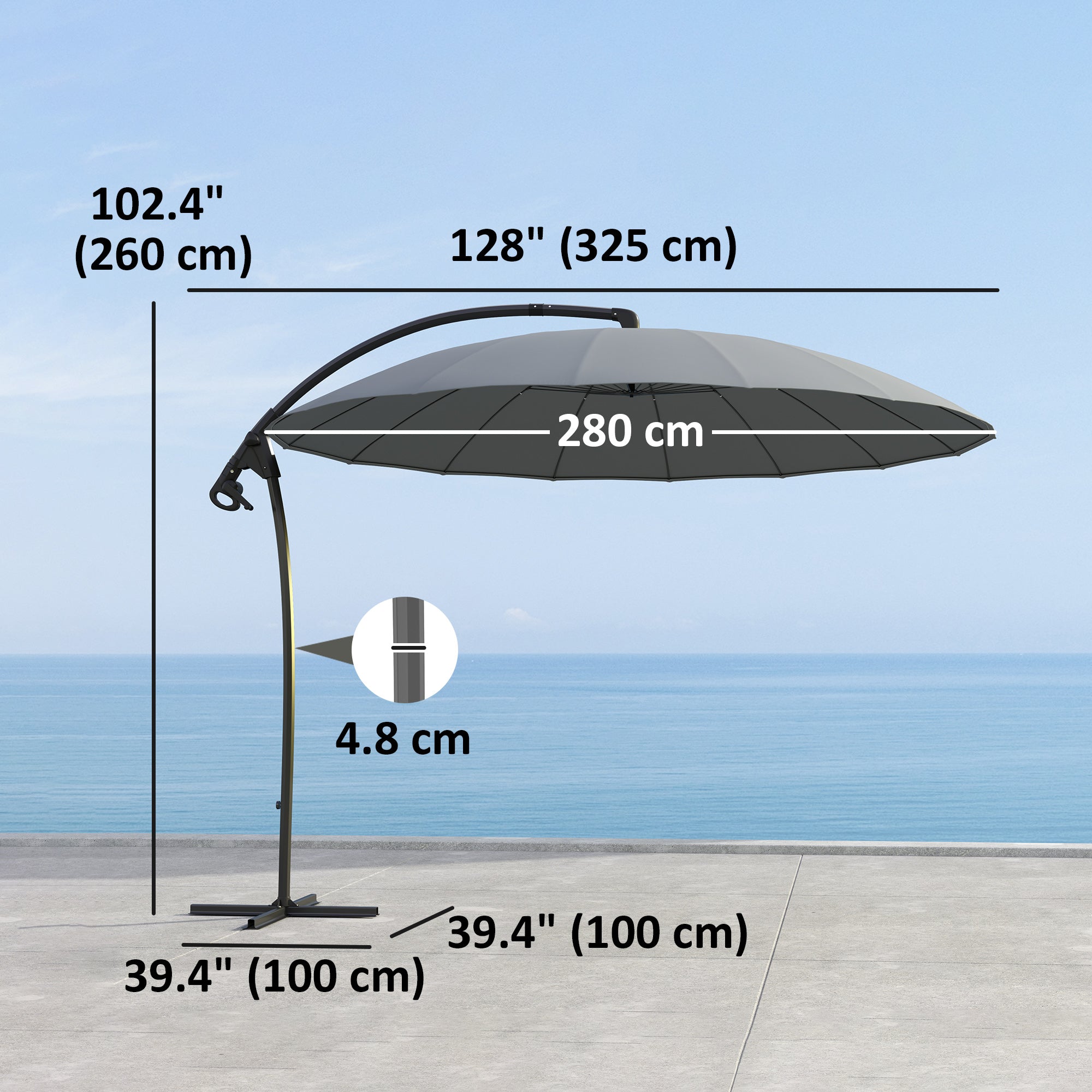 9FT Cantilever Umbrella with 16 Fibreglass Ribs, Offset Hanging Umbrella, Patio Umbrella with Crank and Cross Base, Grey