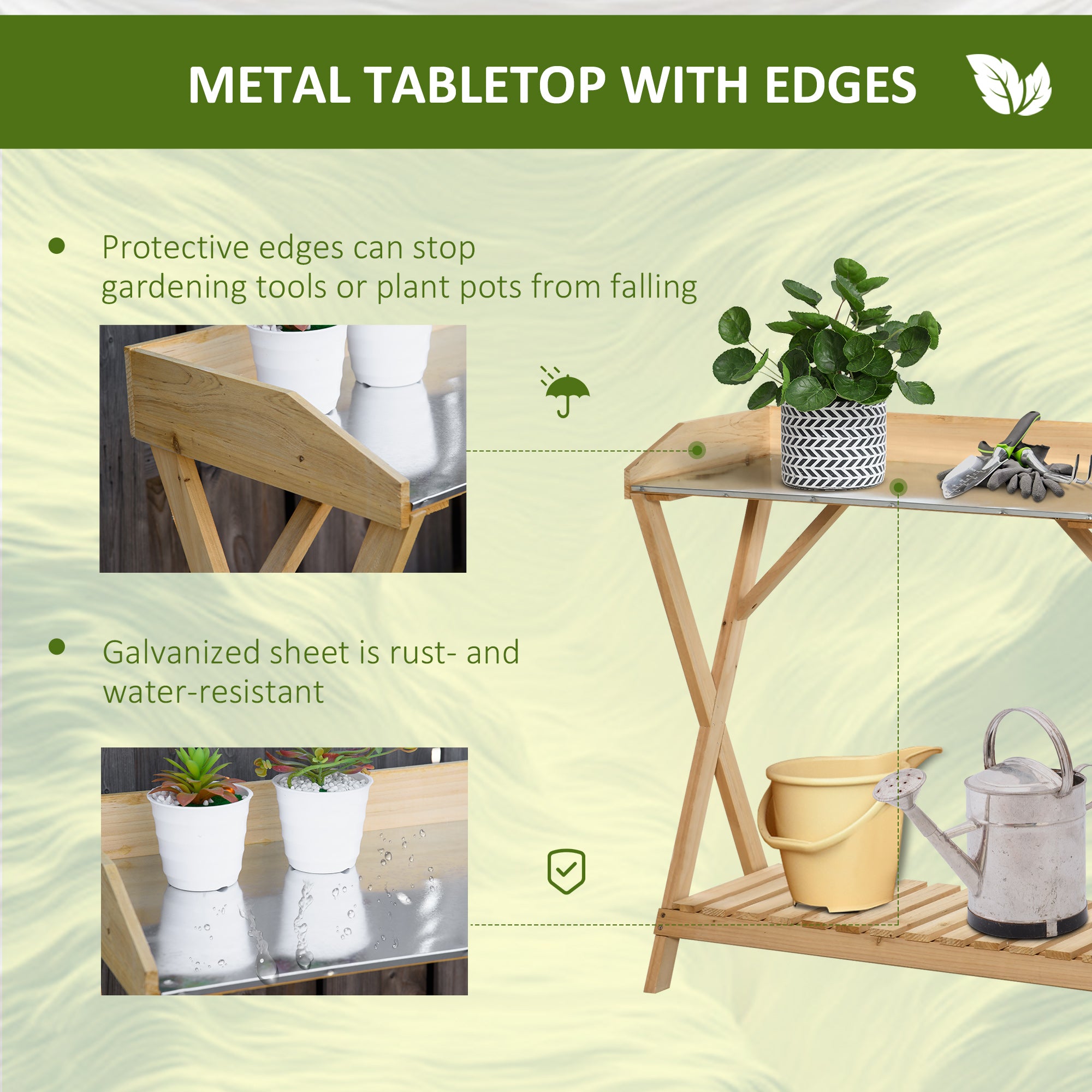 Garden Potting Bench Table, Wooden Work Station, Outdoor Planting Workbench w/ Galvanized Metal Tabletop and Storage Shelf