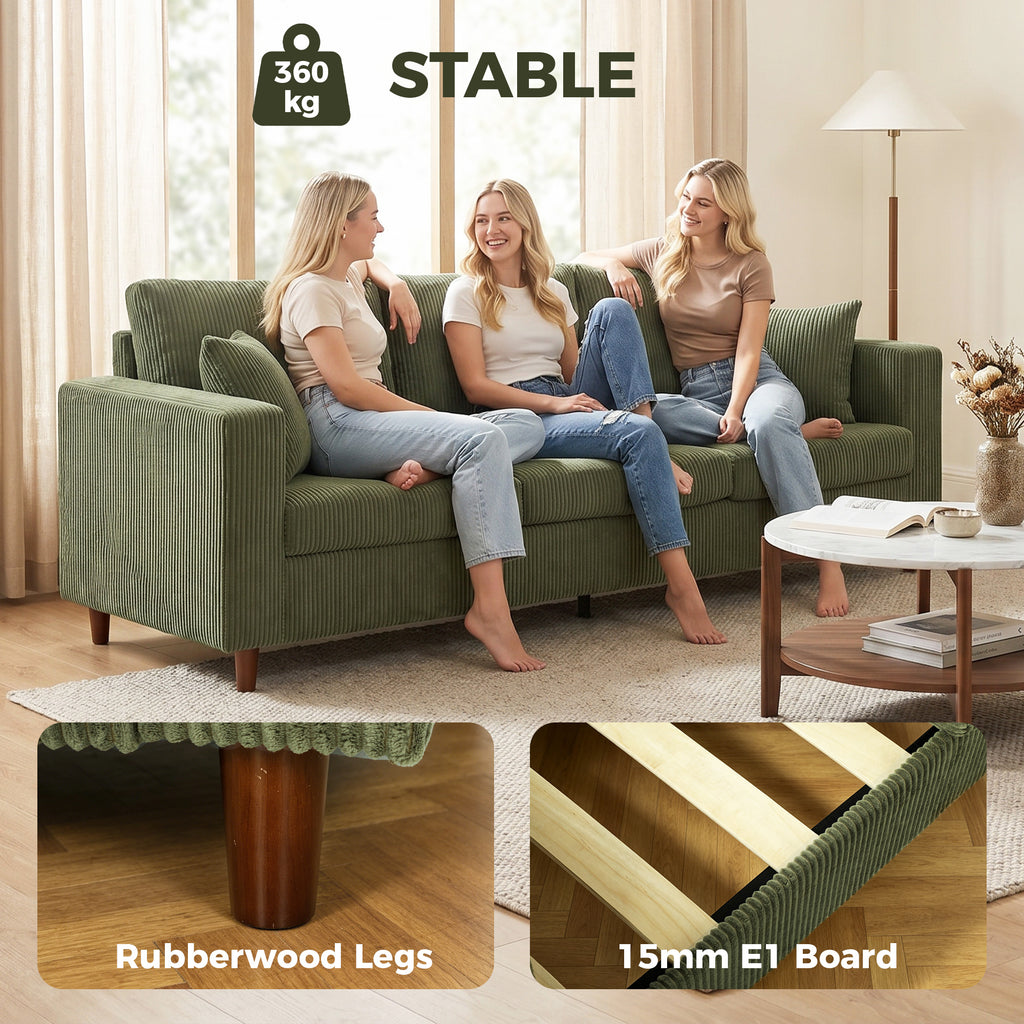3 Seater Sofa with Wide Seat, Corduroy Couch with Deep Seat, Spring Cushion, Green