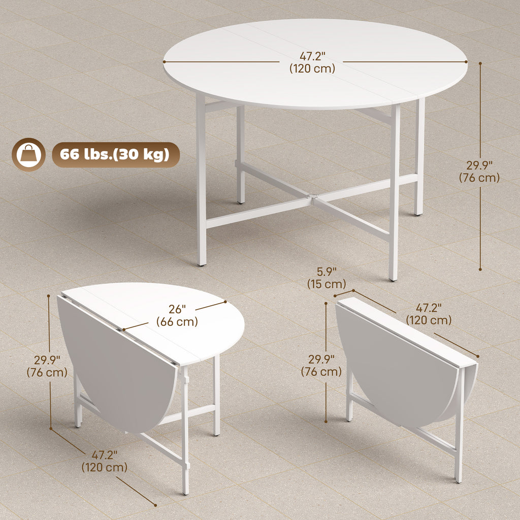 Folding Dining Table for 3-6 People, 47" Round Drop Leaf Kitchen Table with Steel Frame, White