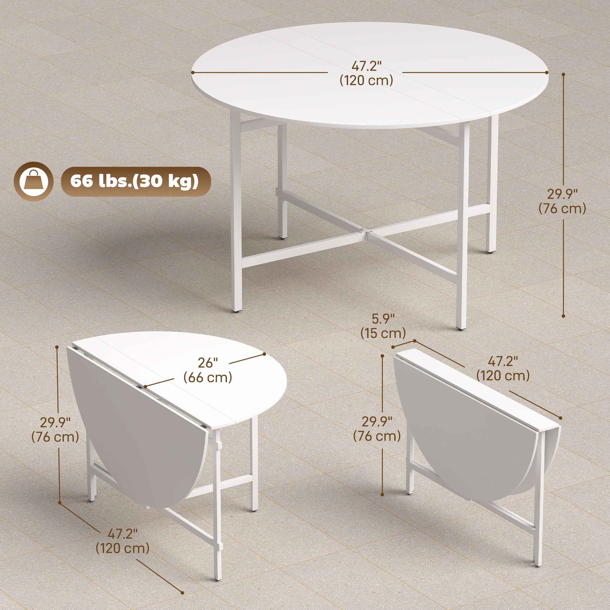 Folding Dining Table for 3-6 People, 47" Round Drop Leaf Kitchen Table with Steel Frame, White