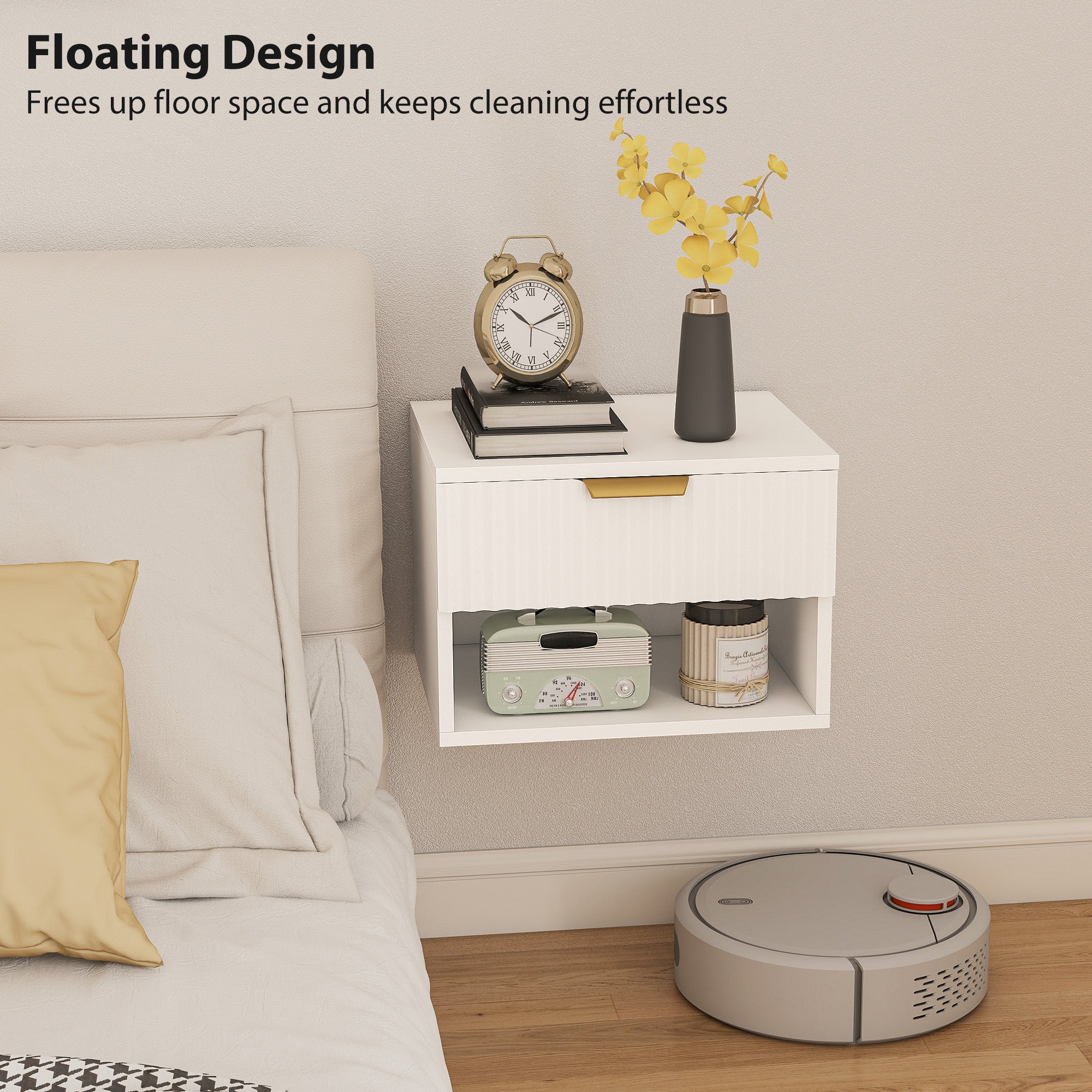 Floating Nightstands, Wall Mounted Bedside Tables Set of 2 with Drawer and Open Shelf, White