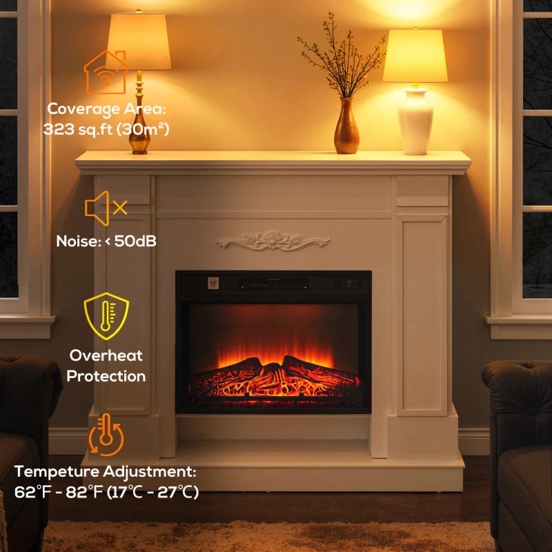 Modern electric fireplace with white mantel, realistic flames and log effect