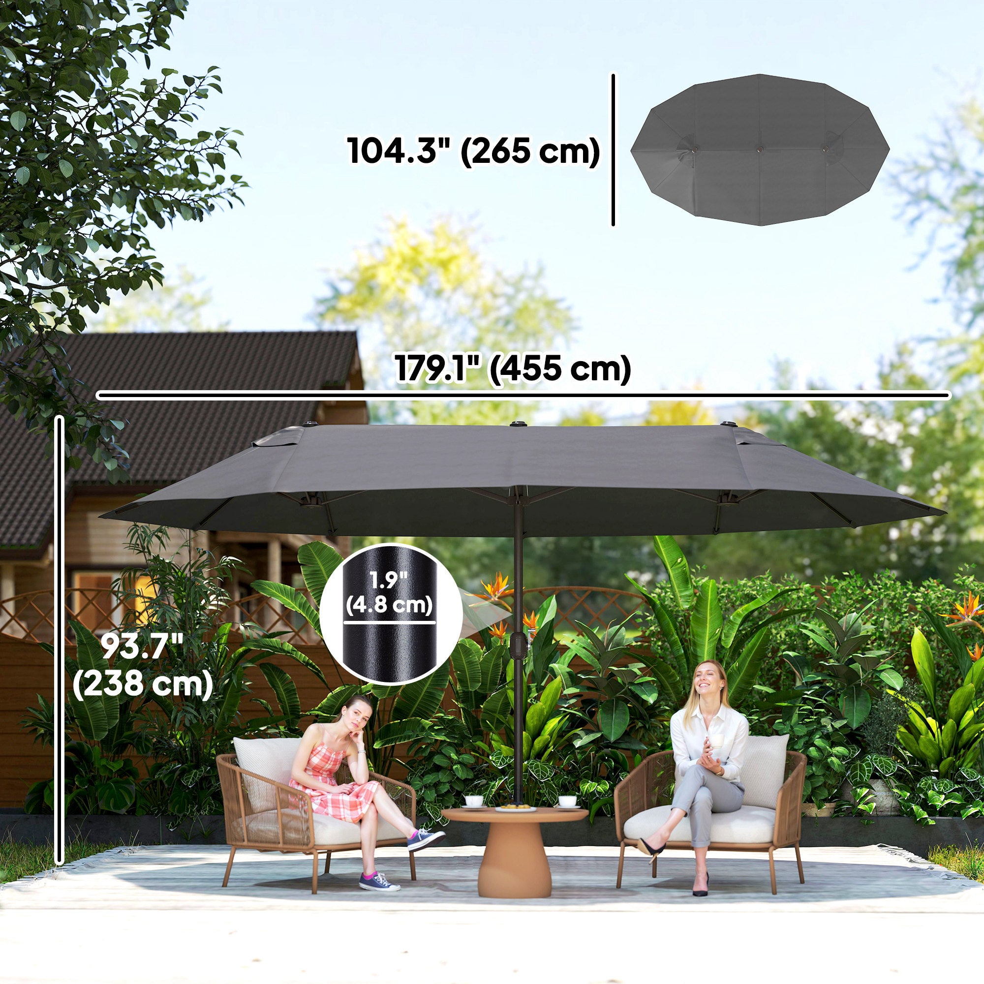 15' Double-Sided Patio Umbrella Parasol Sun Shelter Canopy Shade Grey