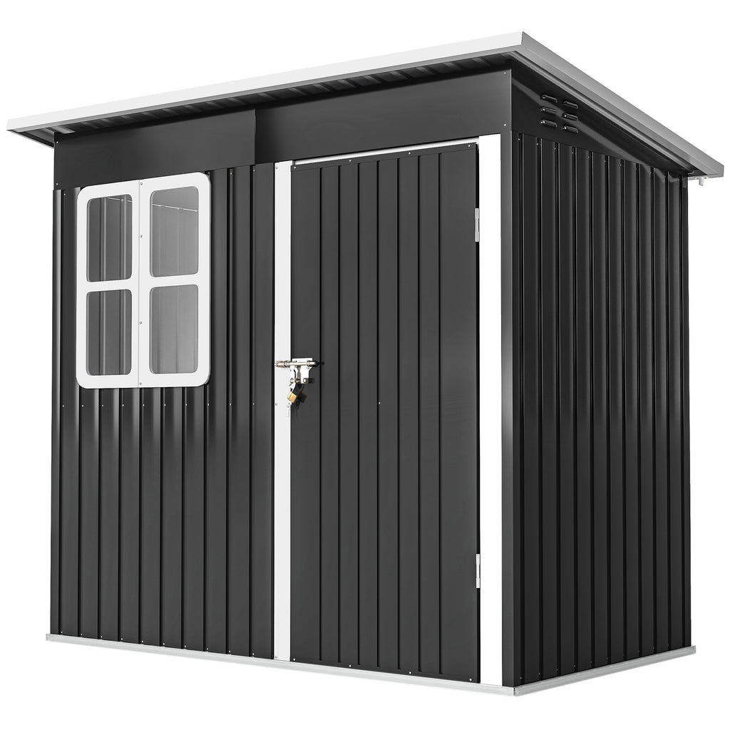 7' x 4' Galvanised Steel Outdoor Storage Shed, Garden Shed with Window, Lockable Wide Door and Air Vents, Dark Grey