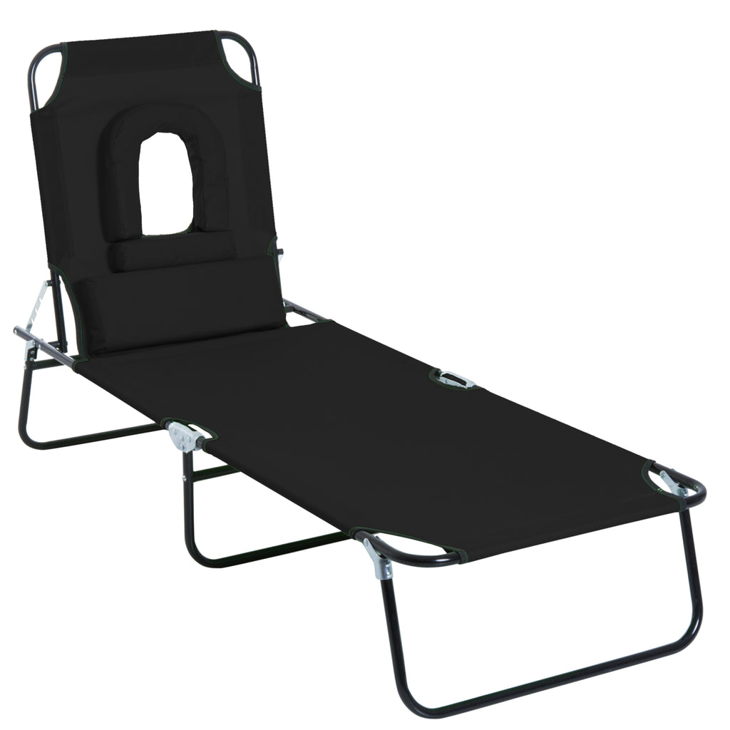 Adjustable Outdoor Lounge Chair, Garden Folding Chaise Lounge with Face Hole Reclining Tanning Chair Seat, Folding Camping Beach Lounging Bed w/ Support Pillow, Black