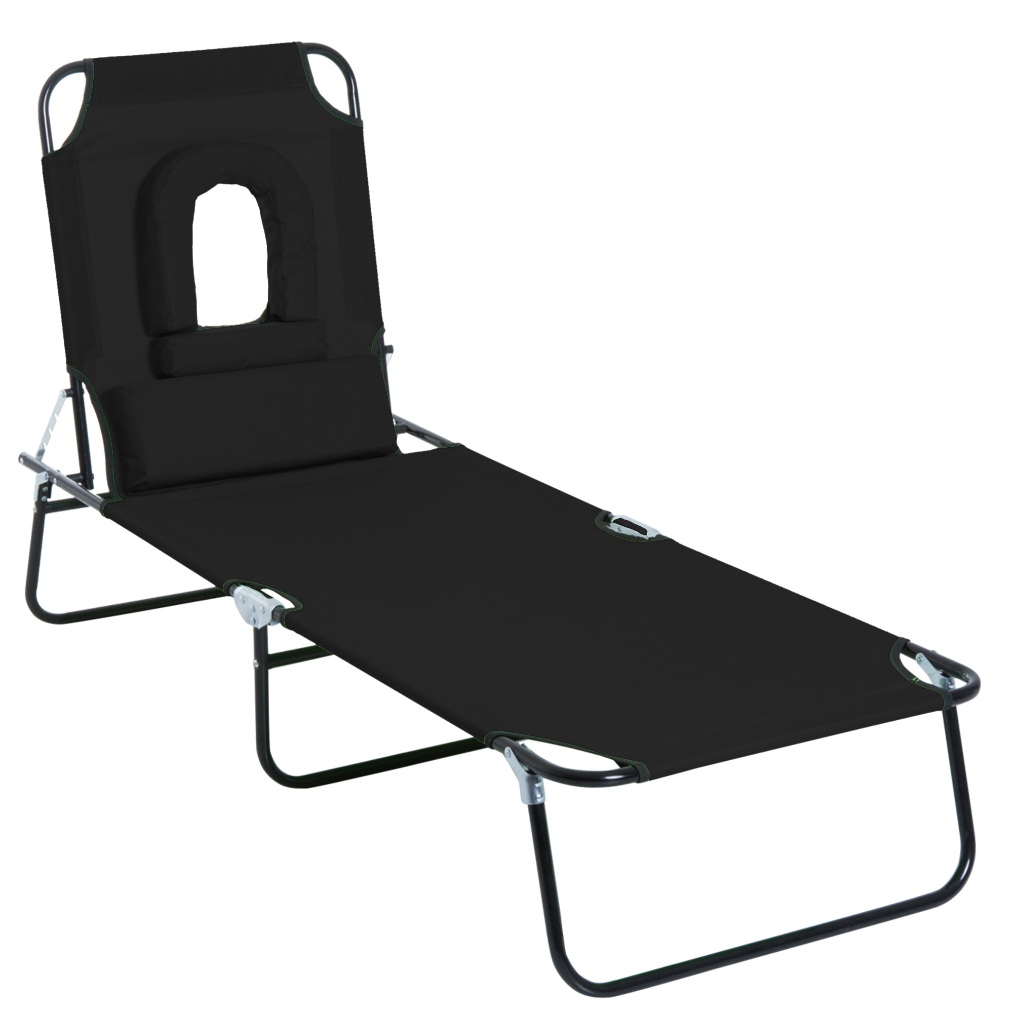 Adjustable Outdoor Lounge Chair, Garden Folding Chaise Lounge with Face Hole Reclining Tanning Chair Seat, Folding Camping Beach Lounging Bed w/ Support Pillow, Black