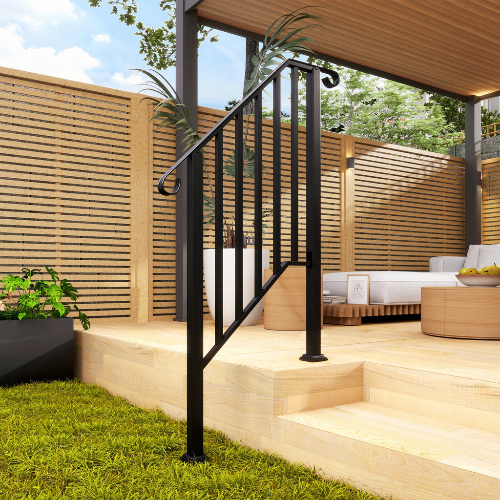 2-3 Step Handrails for Outdoor Steps, Metal Outdoor Stair Railing, Porch Deck Railing with Installation Kit, Black
