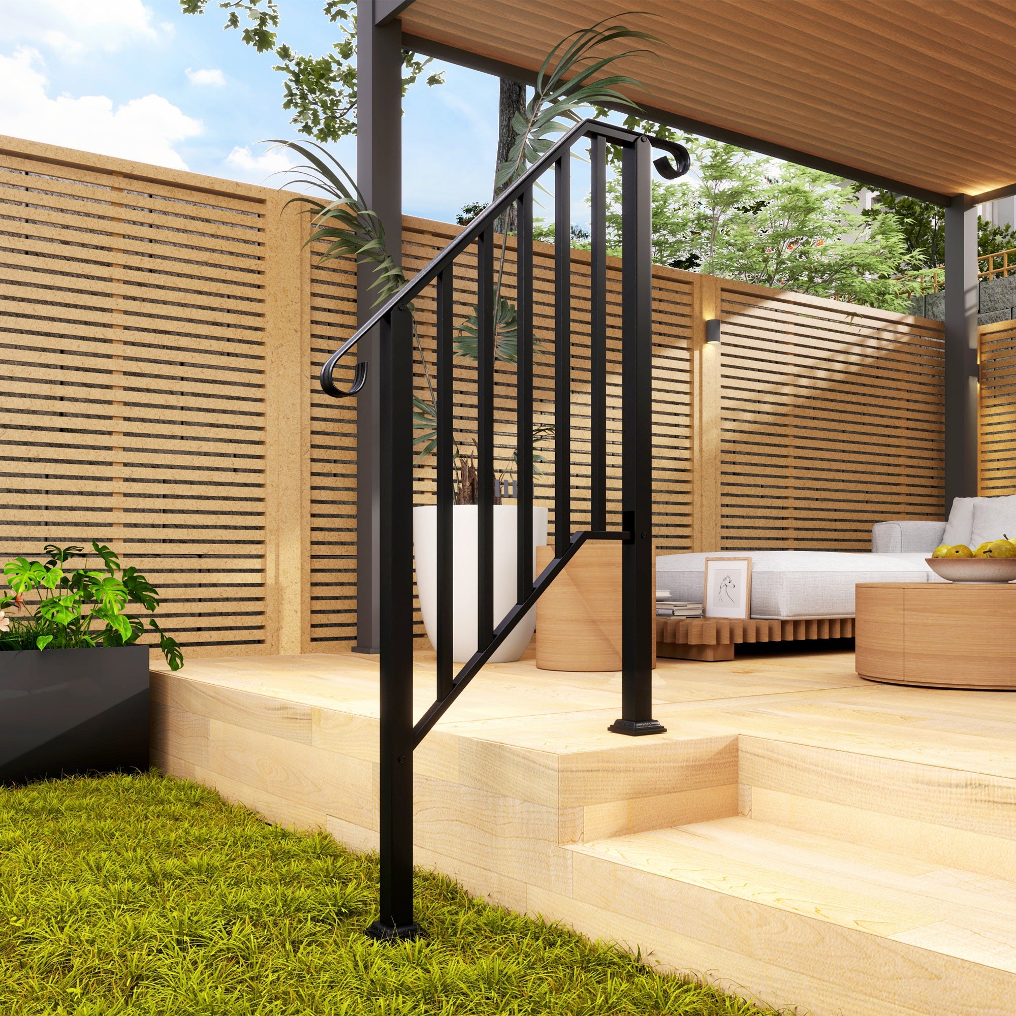 2-3 Step Handrails for Outdoor Steps, Metal Outdoor Stair Railing, Porch Deck Railing with Installation Kit, Black