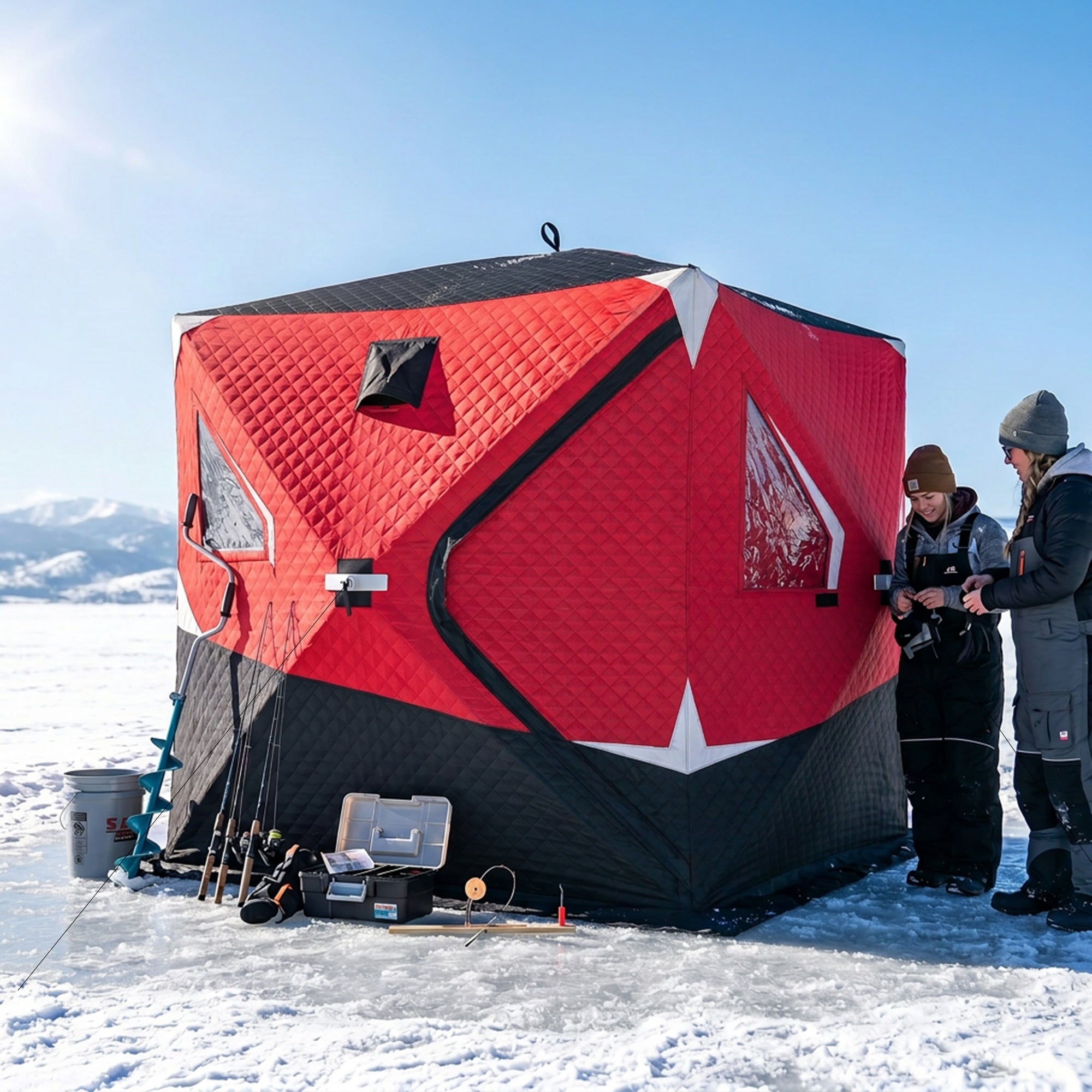 3-4 Person Insulated Ice Fishing Shelter, Pop up, with Oversized Doors, Windows, Vents and Carry Bag, for Low-Temp -22â„‰
