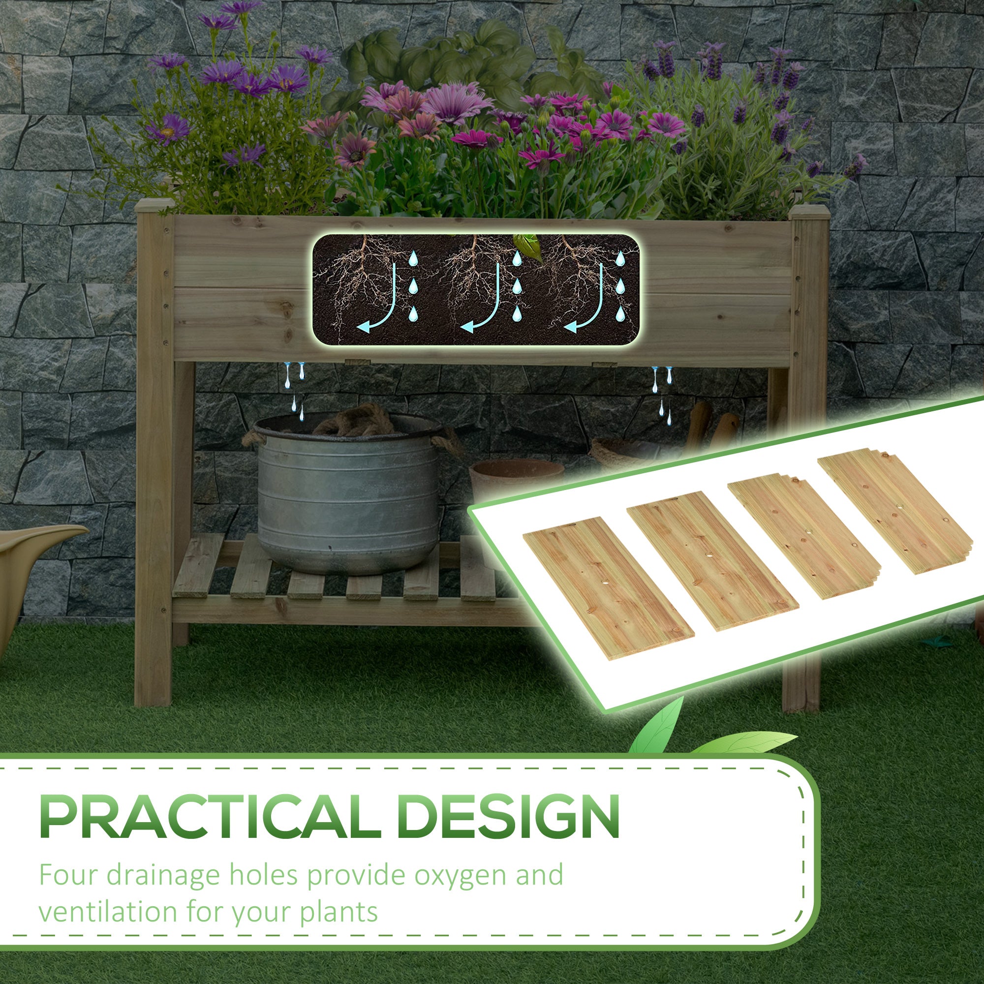 45" x 22" x 33" Raised Garden Bed with Legs and Storage Shelf, Wooden Elevated Planter Box with Drainage Holes for Backyard Patio Balcony, Light Green