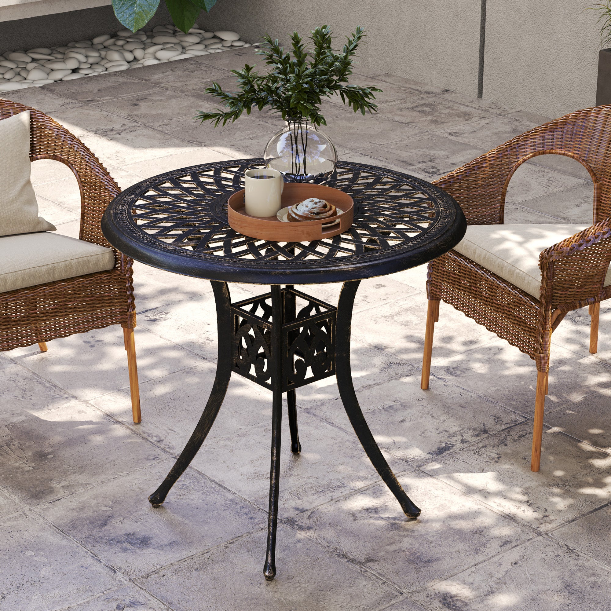 30-inch Round Patio Dining Table with Umbrella Hole Cast Aluminium Outdoor Bistro Table, Brown