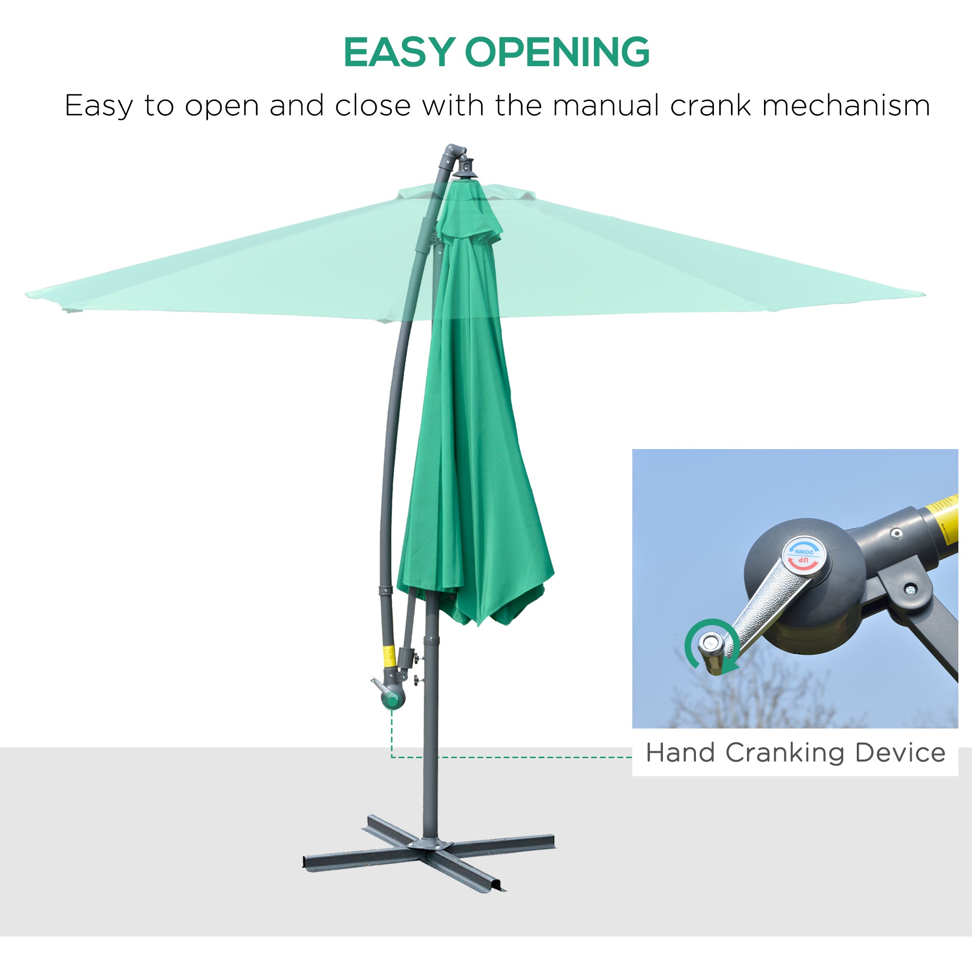 10ft Offset Patio Umbrella with Base, Garden Hanging Parasol with Crank, Banana Cantilever Umbrella Sun Shade, Green
