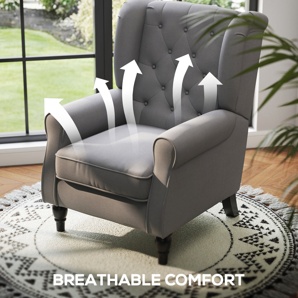 Fabric Accent Chair, Button Tufted Armchair, Armchair with Wood Legs, Thick Padding for Bedroom, Charcoal Grey