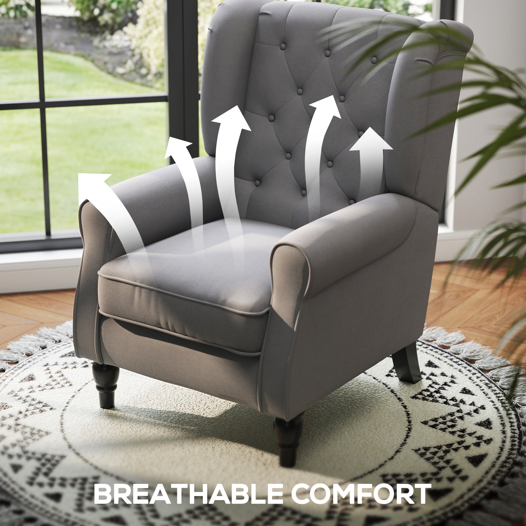 Fabric Accent Chair, Button Tufted Armchair, Armchair with Wood Legs, Thick Padding for Bedroom, Charcoal Grey