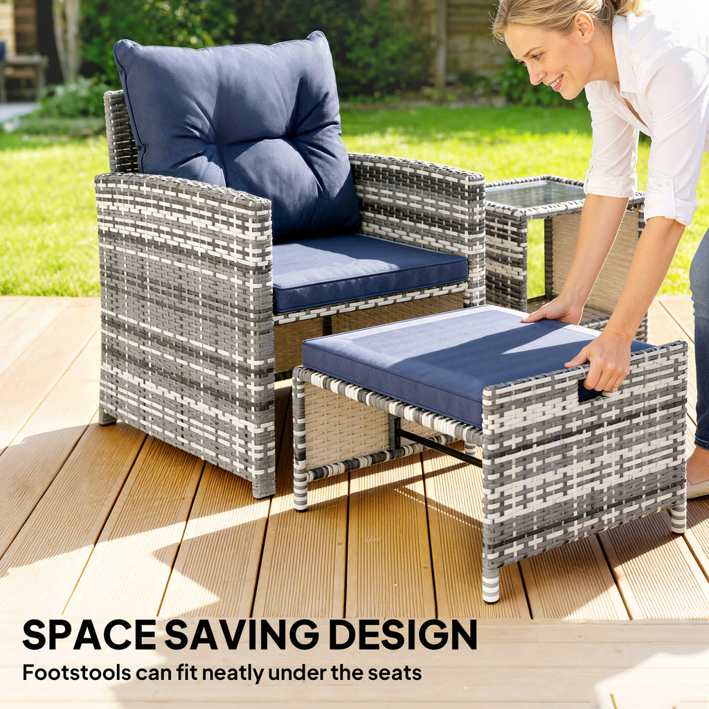 5 Piece Patio Furniture Set, Wicker Patio Chairs with Ottomans, 2-Tier Glass Coffee Table and Cushions, Grey/Dark Blue