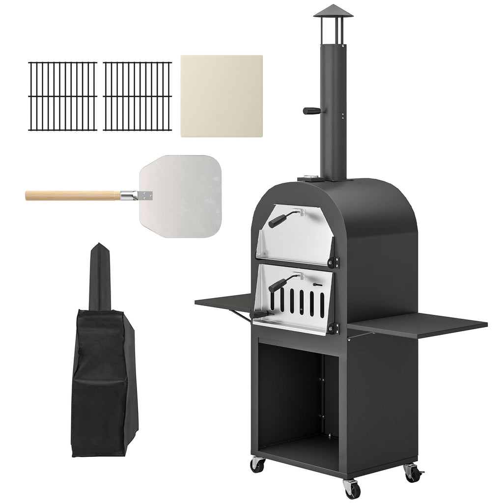 Outdoor Wood Fired Pizza Oven with Side Shelves and Open Cabinet, Pizza Maker on Wheels with Thermometer, Stone, Peel