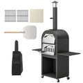 Outdoor Wood Fired Pizza Oven with Side Shelves and Open Cabinet, Pizza Maker on Wheels with Thermometer, Stone, Peel