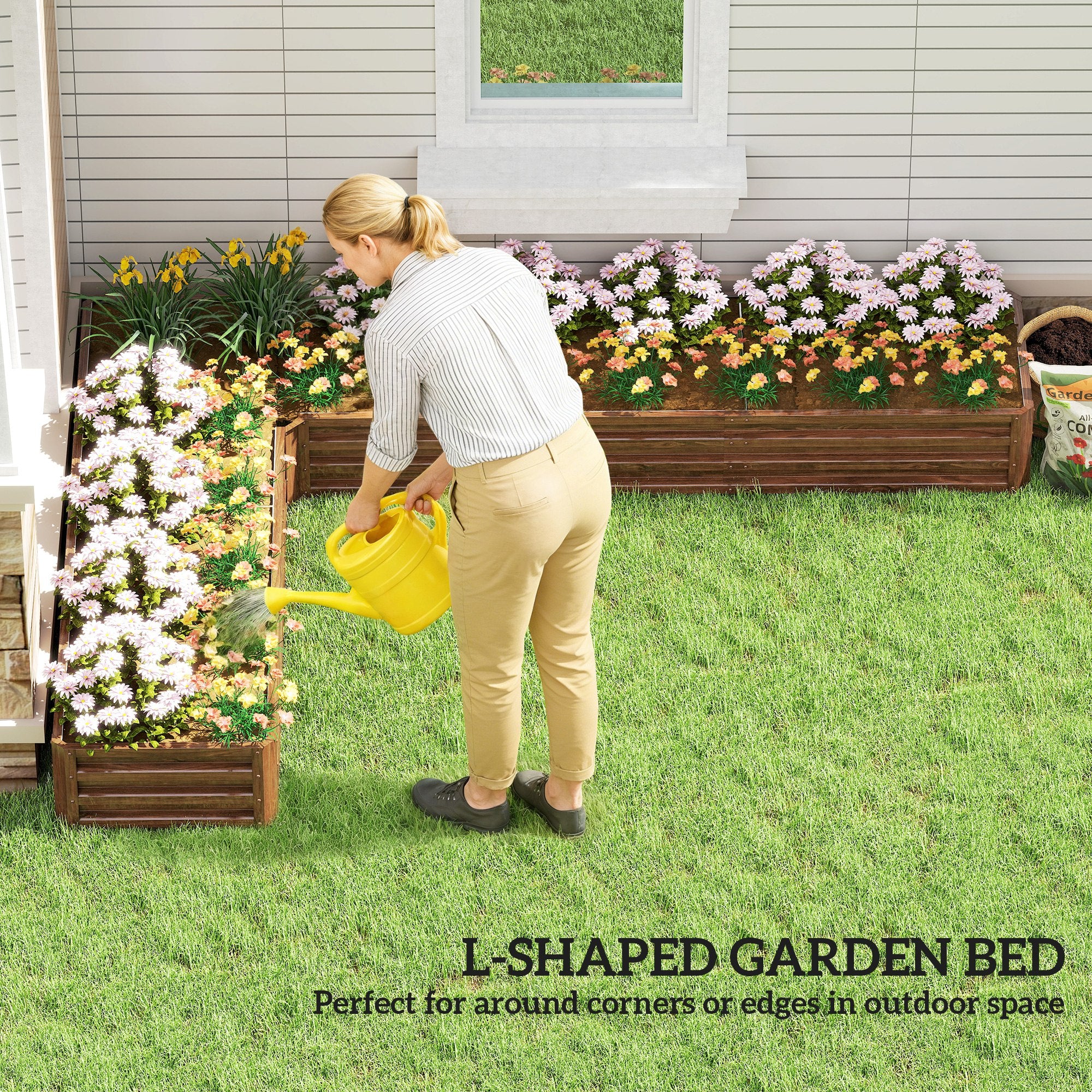 L-Shaped Raised Garden Bed, 82" x 109" x 12" Galvanized Steel Planter Box with Multi-reinforced Rods for Vegetables, Flowers and Herbs, Dark Brown Wood Effect