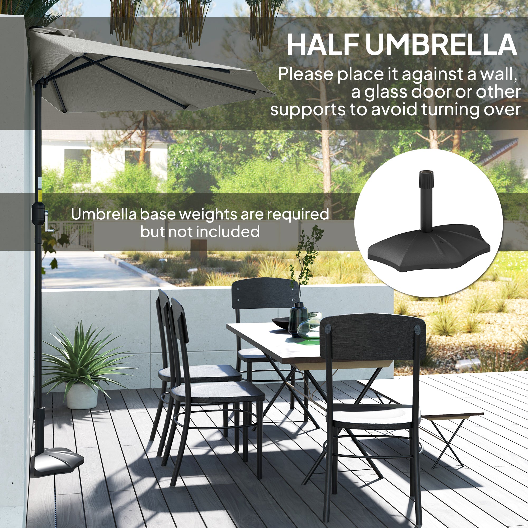 9ft Half Round Umbrella Outdoor Patio Garden Balcony Parasol Window Sun Shade w/ 5 Ribs Light Grey