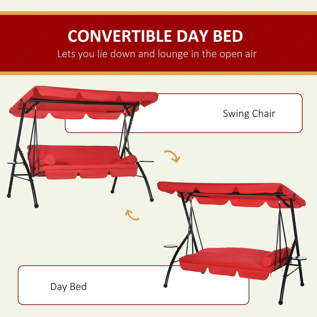 3-Seat Outdoor Patio Swing Chair, 2-in-1 Convertible Flat Bed, Canopy Swing Glider w/ Adjustable Shade, Removable Cushion and Pillows for Porch, Garden, Poolside
