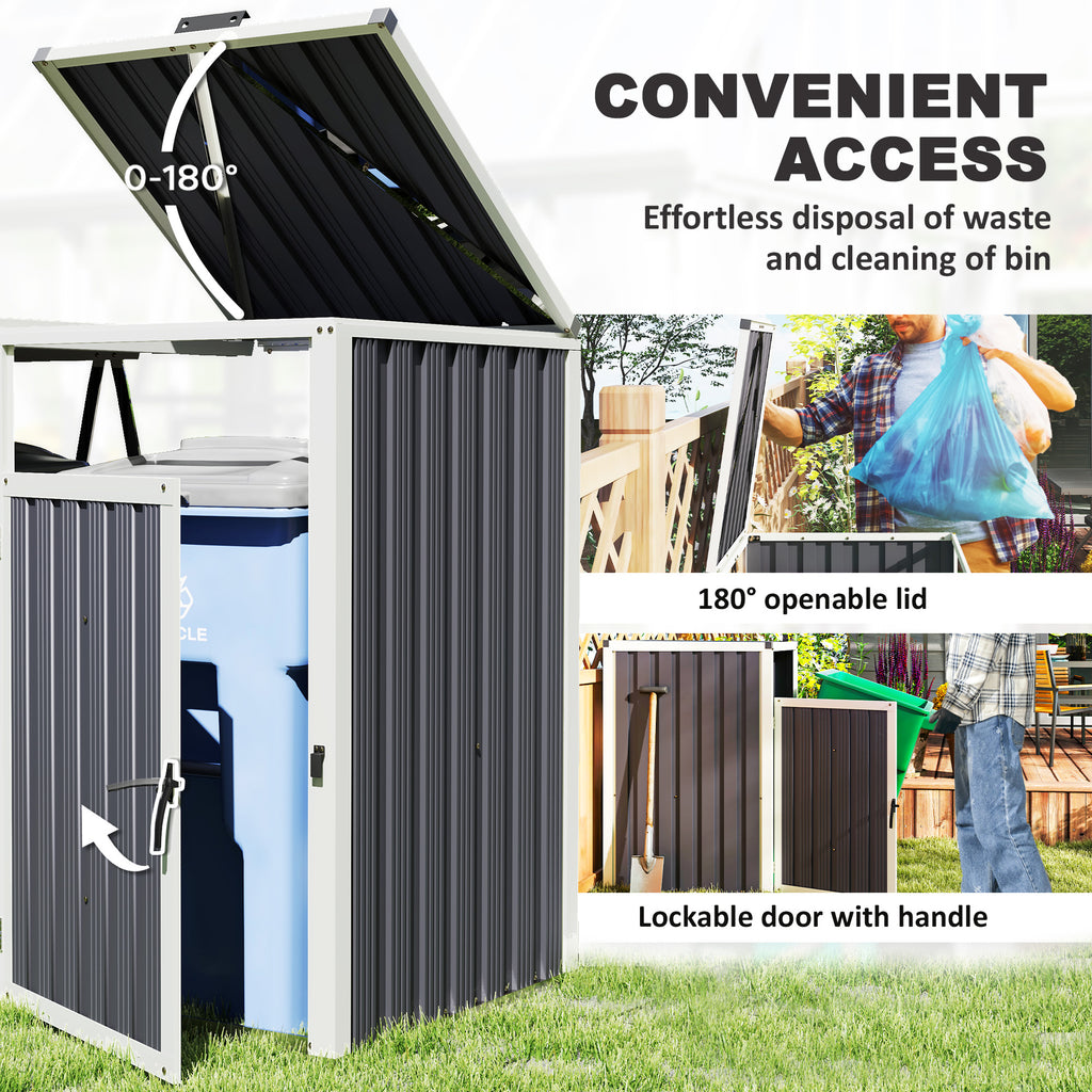Double Garbage Bin Shed, Lockable Outdoor Storage Shed with Openable Lid, Galvanized Frame for Garden Patio, Dark Grey