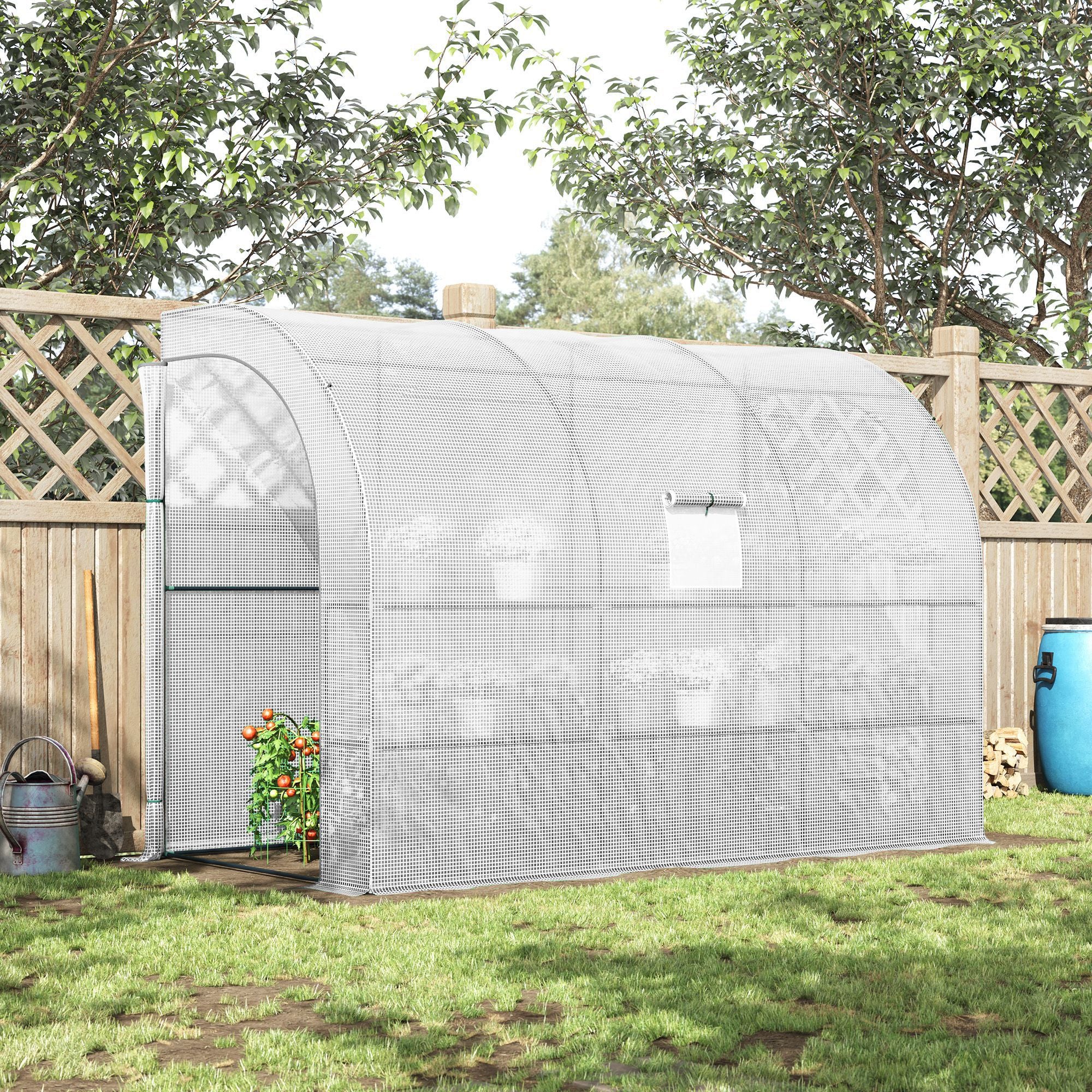 Lean-to Greenhouse Outdoor Gardening Green House with Windows and 2 Zipper Doors, 10' x 5' x 7', White