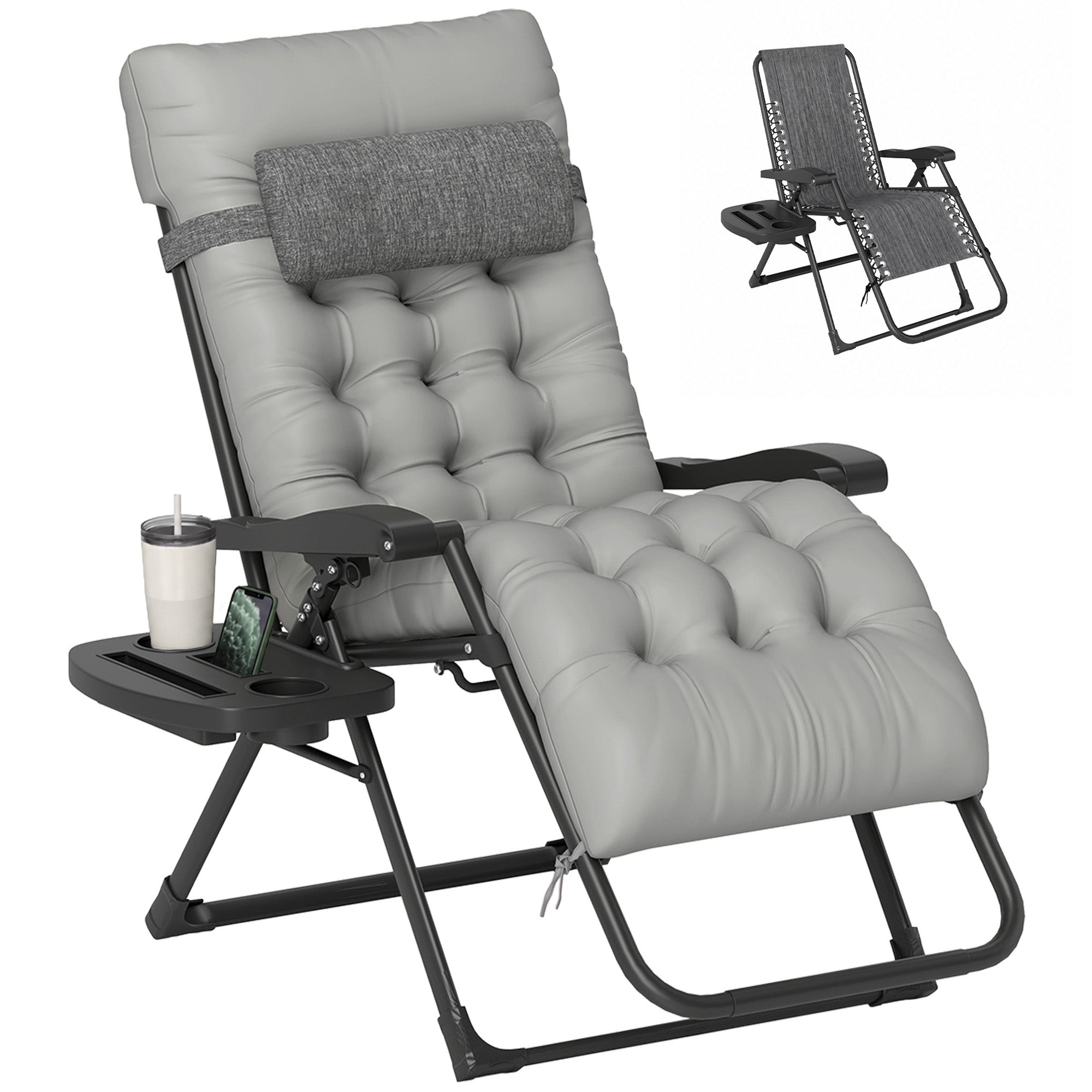 Padded Folding Recliner Chair, Patio Lounger with Cupholder, Adjustable Backrest, Removable Cushion, Grey