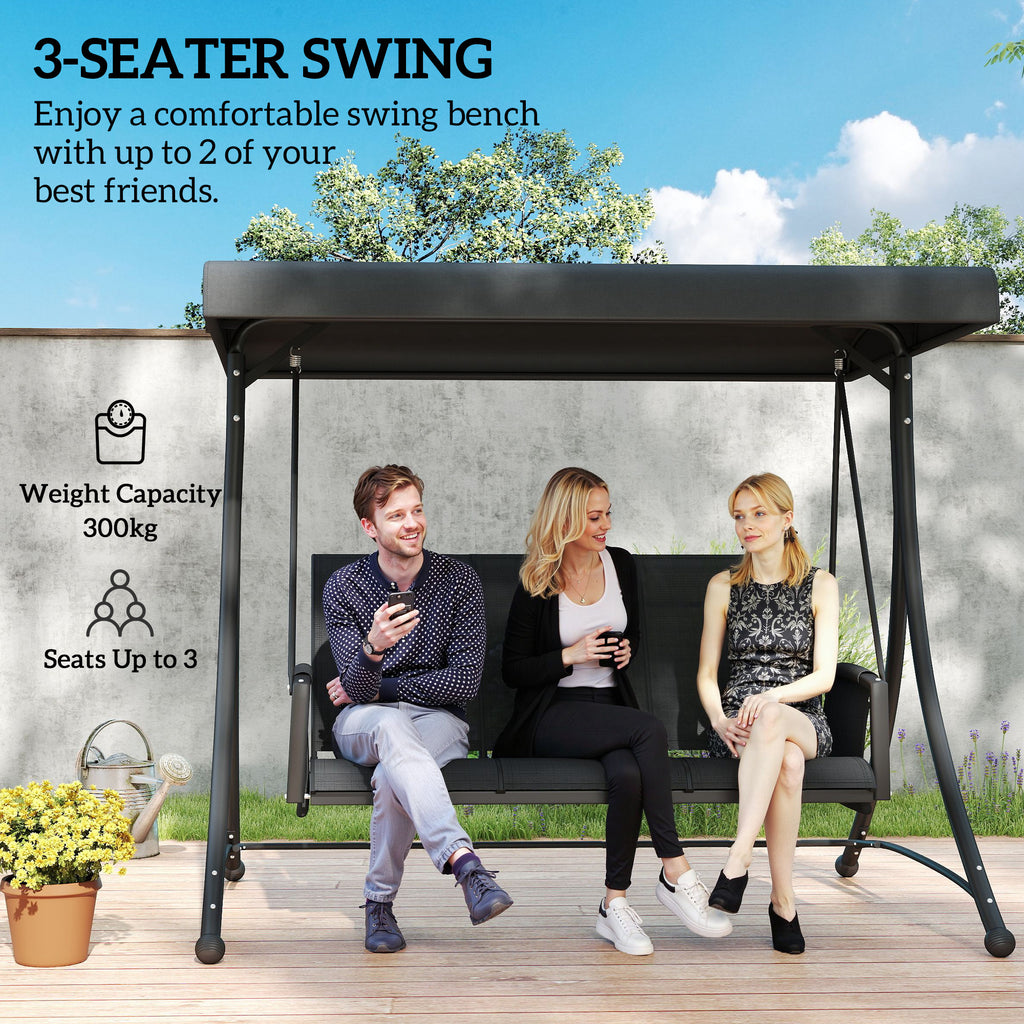 3 Person Outdoor Porch Swing Chair with Adjustable Canopy, Black