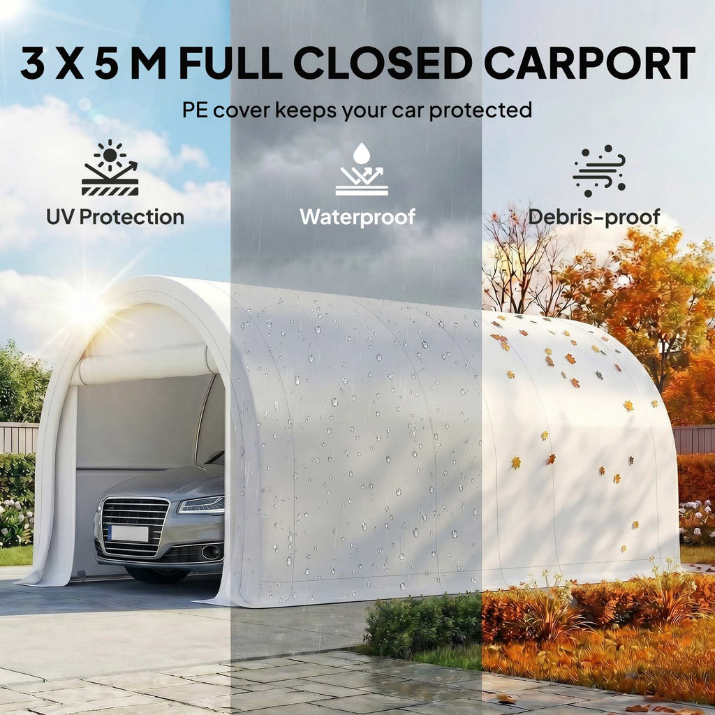 10' x 16' Heavy Duty Portable Carport Tent with Zippered Door, PE Cover for Car, Boat, Motorcycle, Bike, White