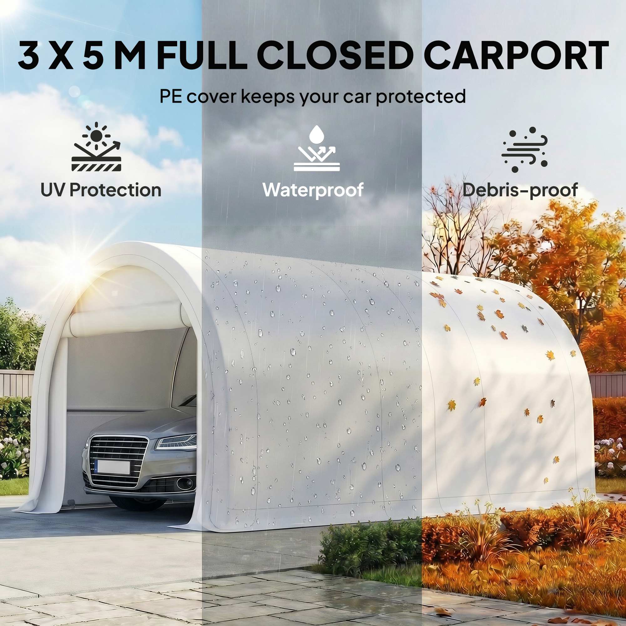 10' x 16' Heavy Duty Portable Carport Tent with Zippered Door, PE Cover for Car, Boat, Motorcycle, Bike, White