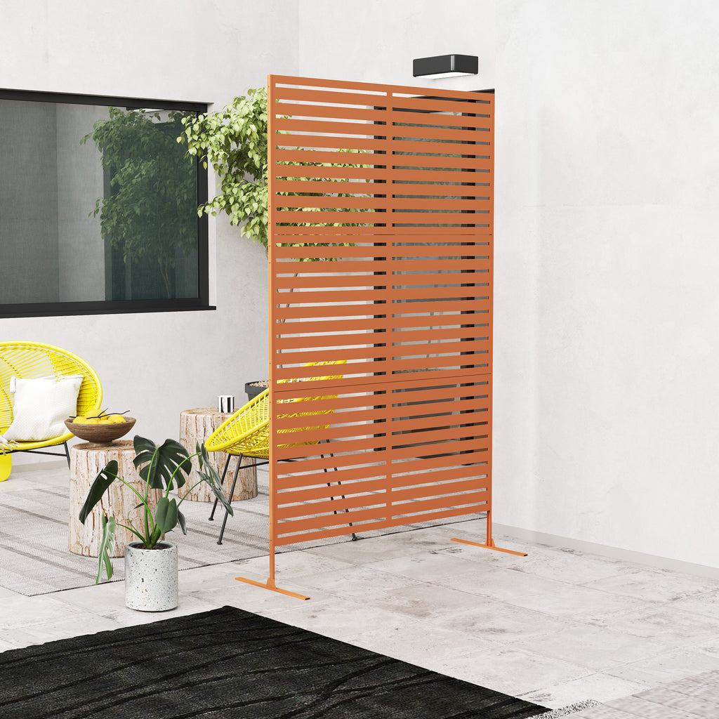 Decorative Outdoor Privacy Panel, Freestanding Metal Outdoor Divider with Stand for Garden, Backyard, Deck, Pool, Brown