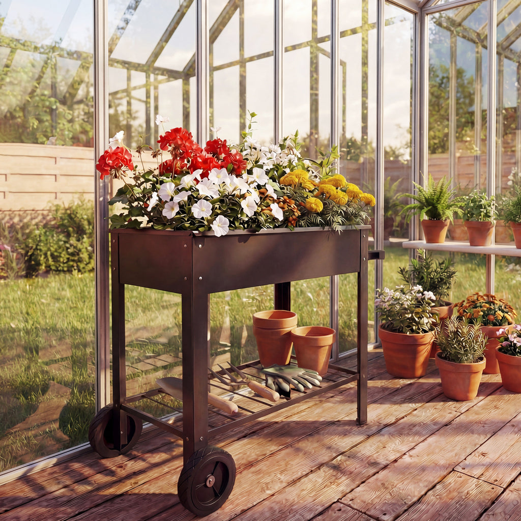 Metal Raised Garden Bed, Elevated Planter Box with 2 Wheels, Handle and Shelf, 31.5" Tall Raised Planter