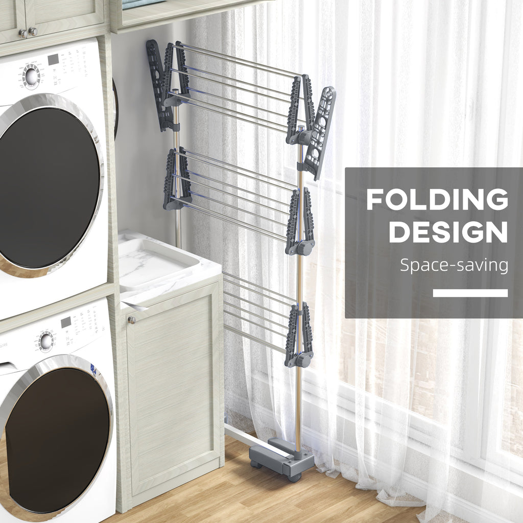 3-Tier Foldable Clothes Drying Rack, Stainless Steel Laundry Rack with 2 Side Wings and 6 Castors, Collapsible Adjustable Clothes Airer for Indoor Outdoor, Grey
