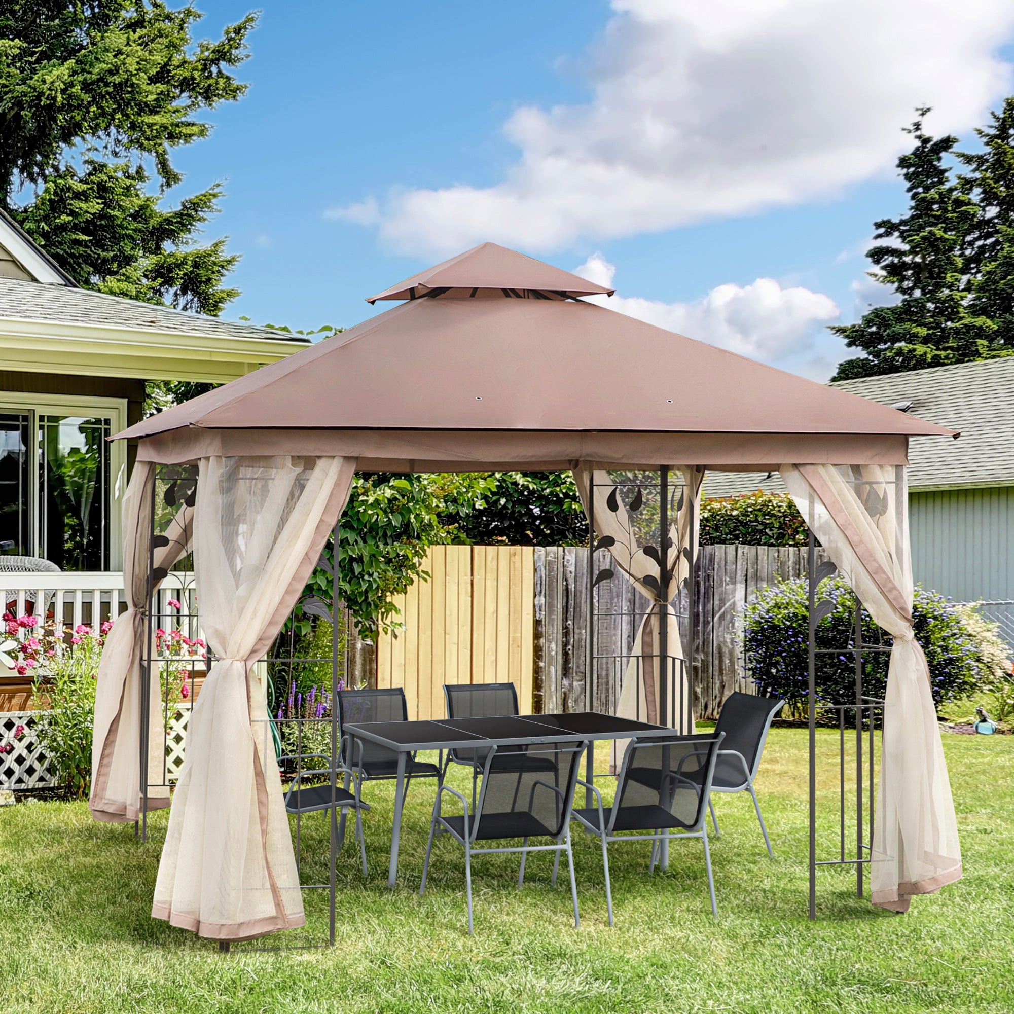 10'x10' Soft-top Steel Patio Gazebo Outdoor Sun Shelter with 2-Tier Polyester Roof, Curtain Sidewalls, Brown